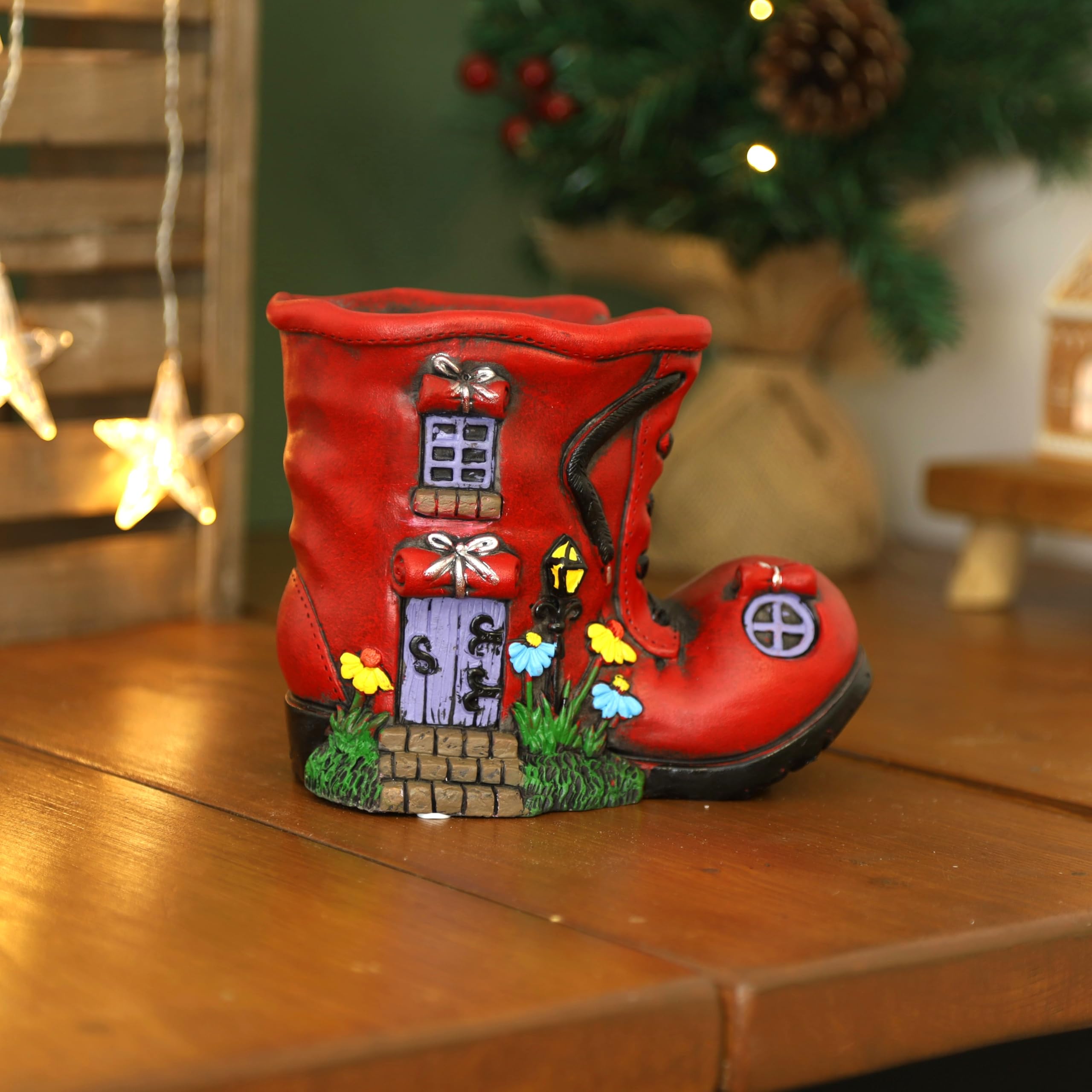 Fyne-Finds Red Boot Planter 19Cm,7Inch Cement Xmas Indoor Novelty Garden Plant Pot Decorative