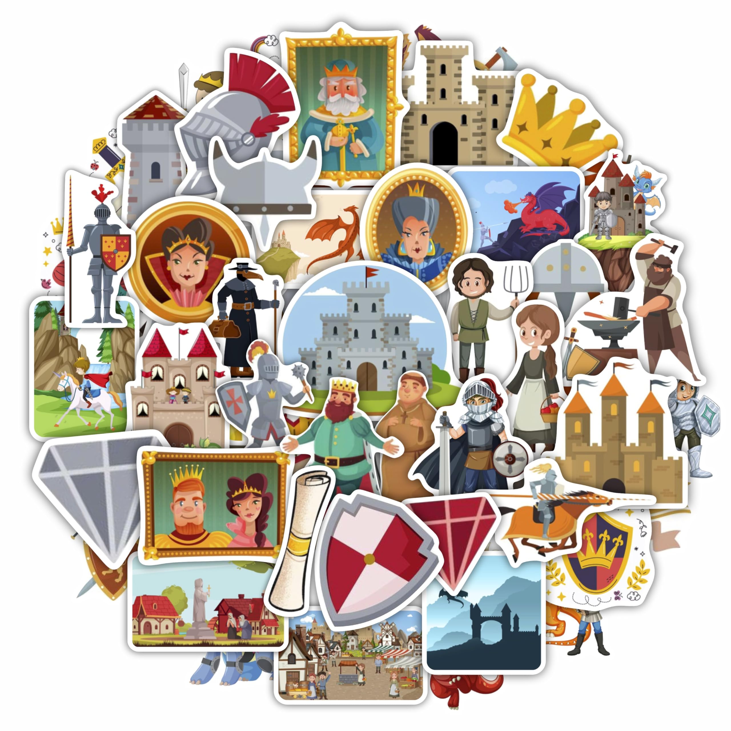 BulbaCraft 100Pcs Medieval Stickers for Water Bottle and Laptop - Medieval Party Supplies & Decorations, Waterproof Vinyl Decals, Knights and Dragons
