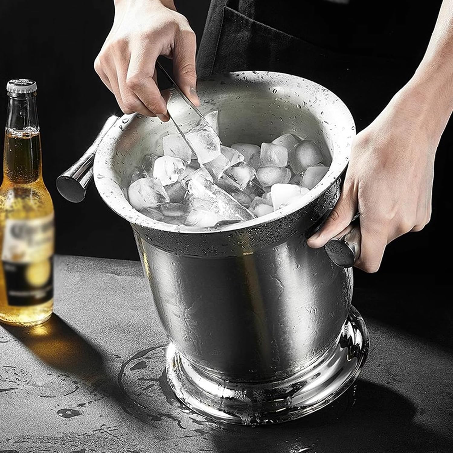 Ice Bucket Stainless Steel Ice Bucket 4L Thickened Wall Insulated with Handles on Both Sides Keep Frozen Longer Ideal for Cocktail Bar, Parties, Chilling Wine, Champagne Beverage Ice Tub