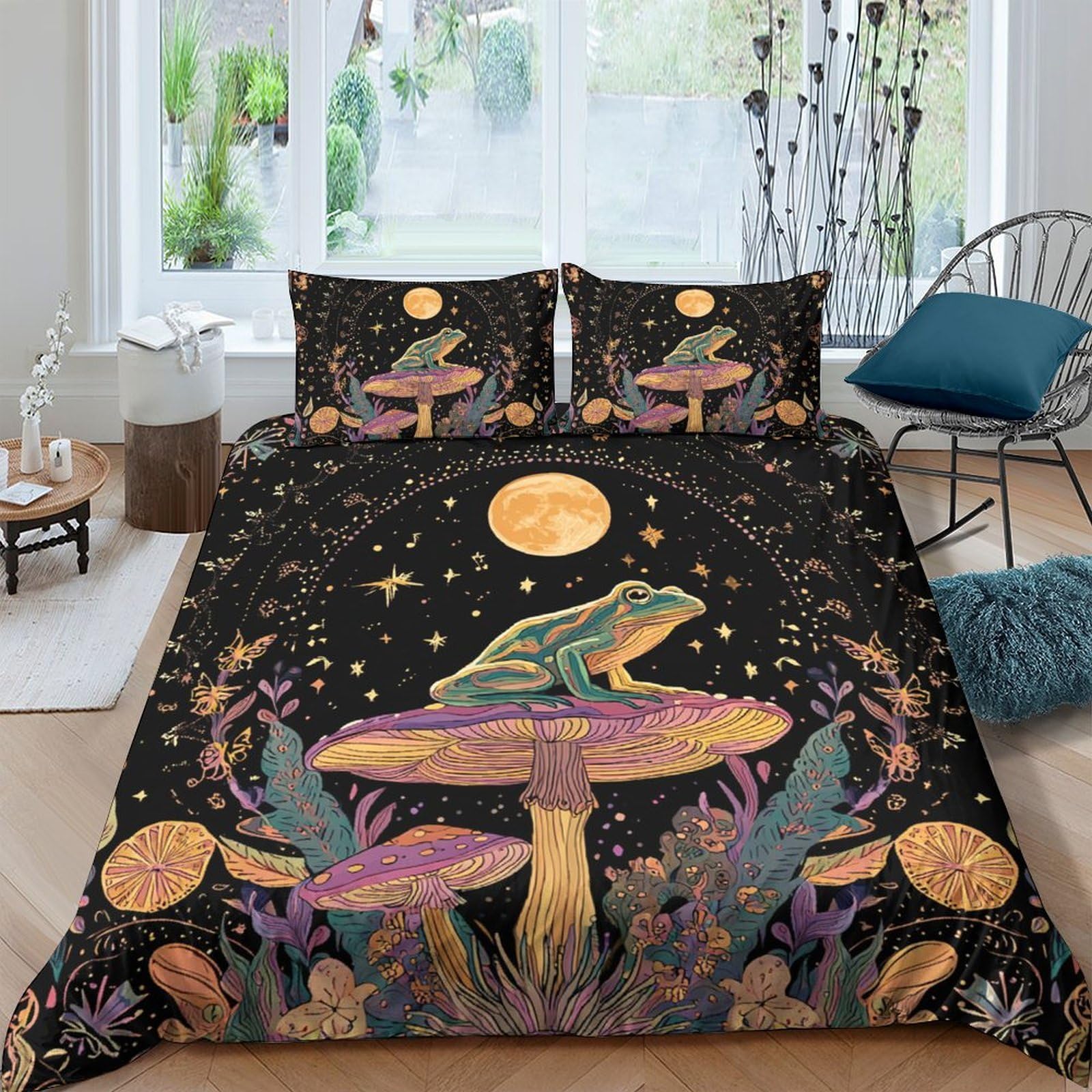 Ctjqhvkz Style-7 3D Printed Frog Mushroom Fitted Sheet Microfiber Black Bedding Sun Moon Mattress Cover For Bedroom Dorm Decor Single（135X200cm）