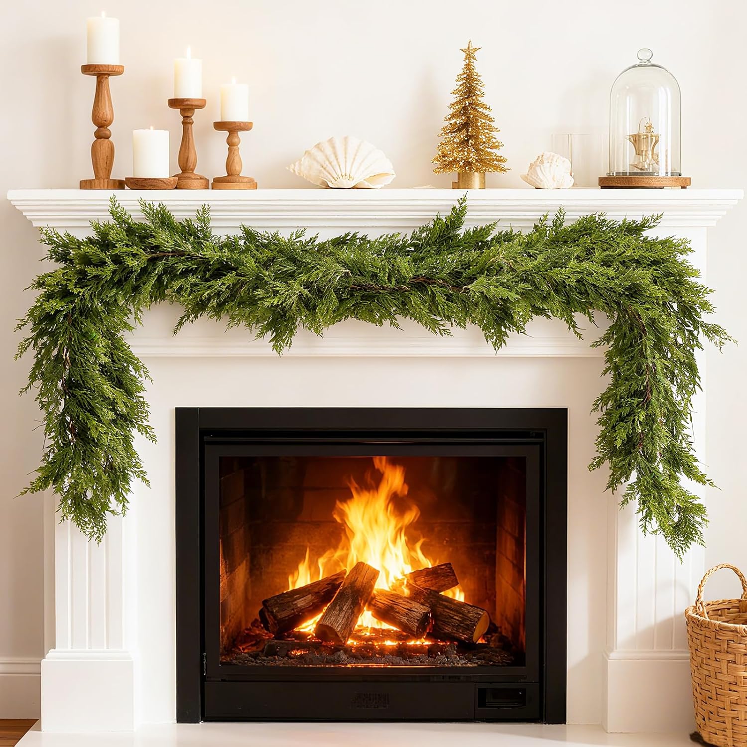 6FT Christmas Cedar Garland, 2Pcs Artificial Real Touch Realistic Greenery Christmas Pine Garland for Fireplace Mantel Table Stairs Indoor Outdoor Holiday Decoration