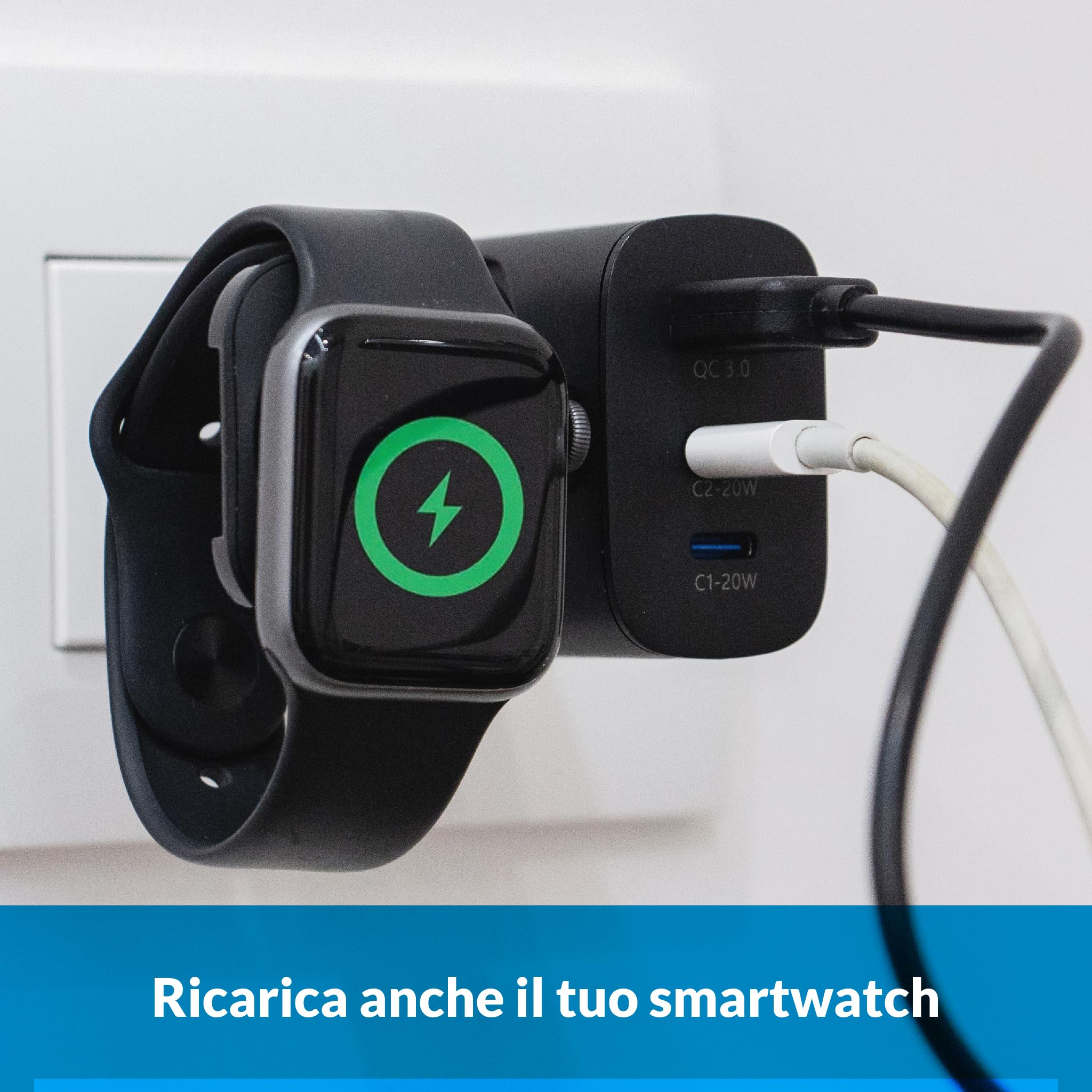 Alimentatore 4-in-1 43W Veloce con Supporto Pieghevole – Caricatore USB Multiplo con Ricarica senza fili per Smartwatch, Smartphone e Auricolari, Stazione di Ricarica Compatta da Viaggio