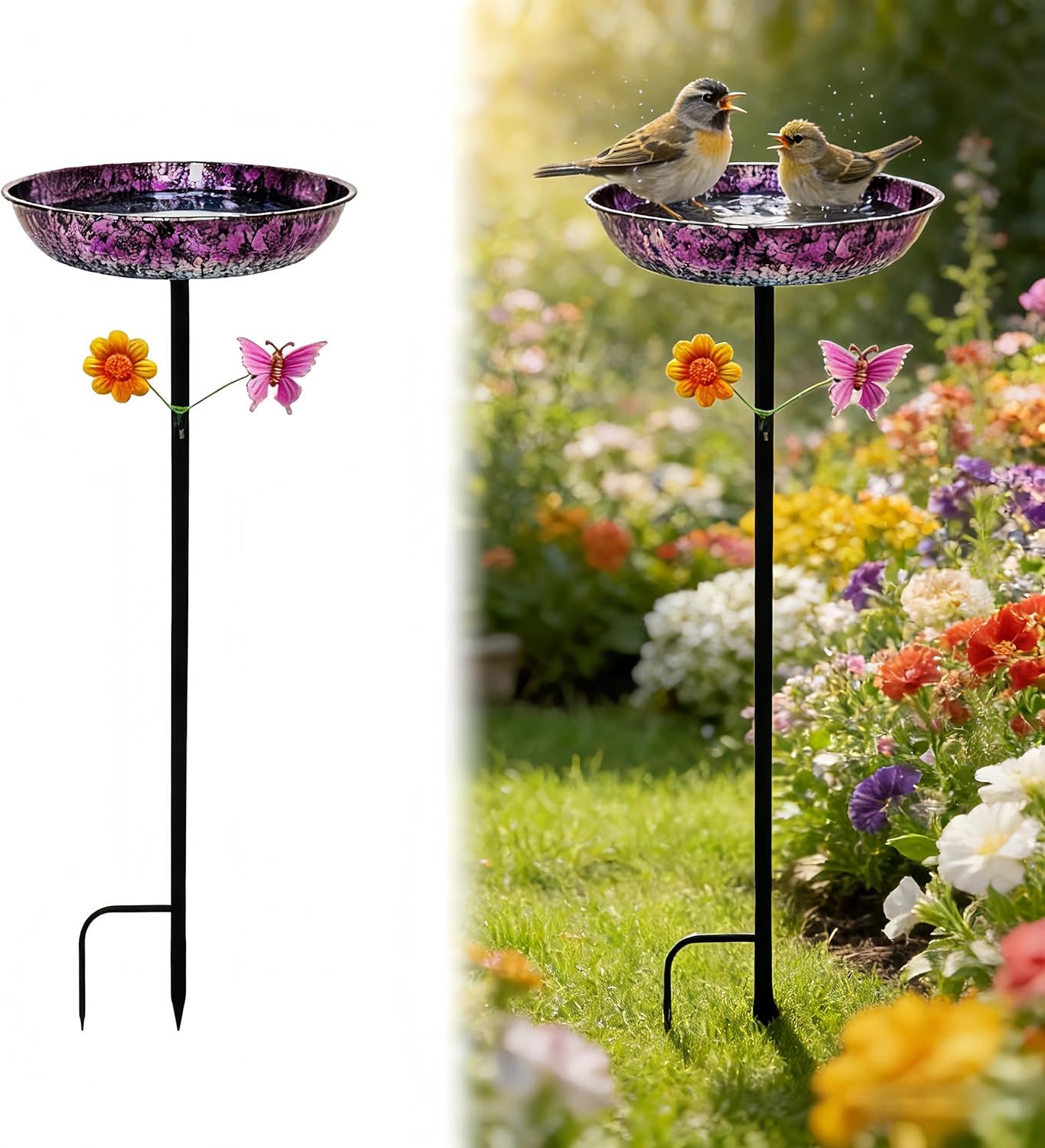 Metal Bird Bath for Outside, 11" Dia Freestanding Bird Feeder and Birdbaths Bowl, Purple Garden Decor and Gifts, Suitable for Garden, Patio, and Lawn, Easy to Install.