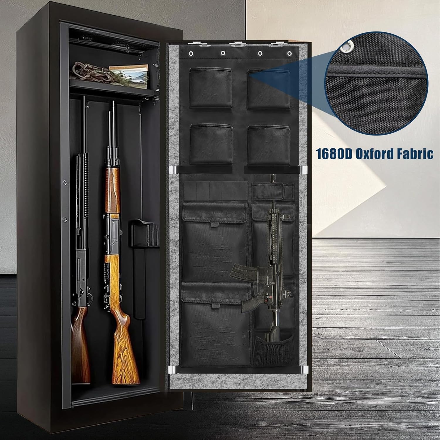 Gun Safe Door Organizer, Gun Safe Accessories Storage with Pistol Holster, Ammo Holder, Multi Pockets and Mag Pouches, Adjustable Width Fits Door Panel (460B)