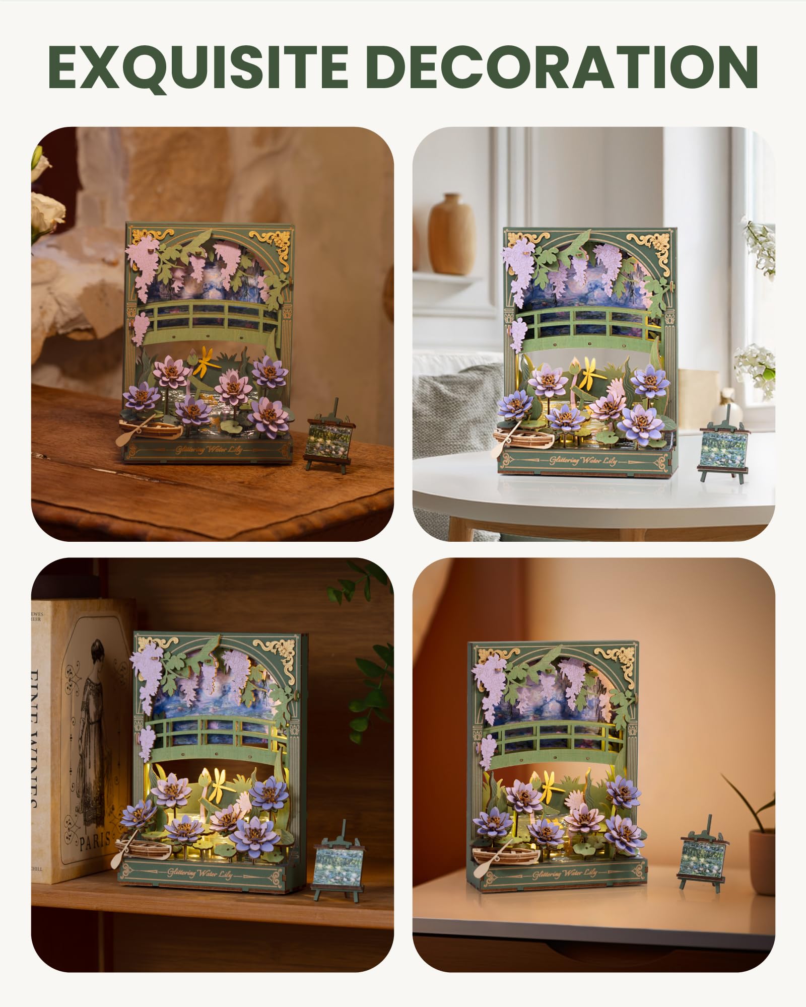 ROWOOD Drewniane puzzle 3D dla dorosłych dzieci ze światłem LED, zestaw kwiatowy wzór, dekoracja stołu lub ściany, kreatywny prezent dla kobiet mężczyzn TH001 lilia wodna