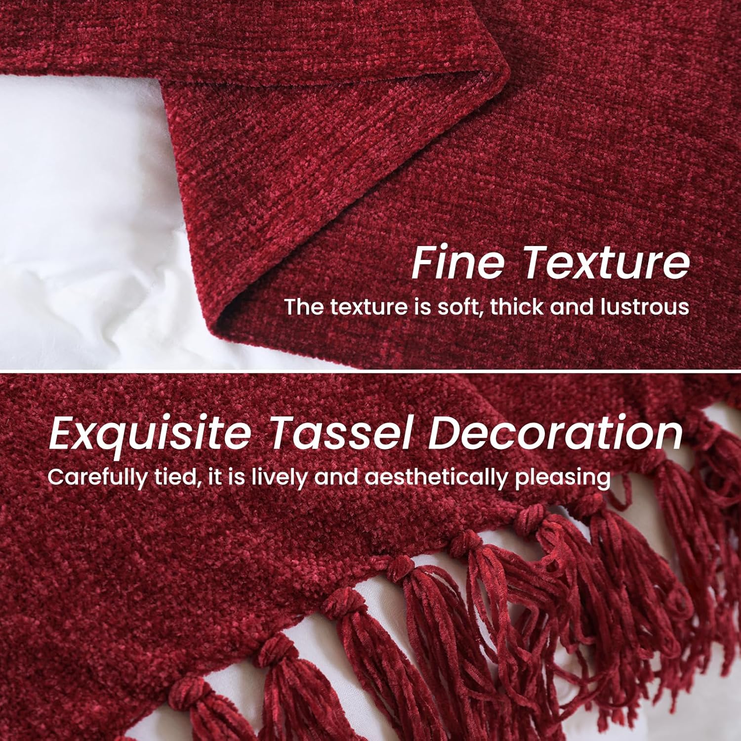 Burgundy Red Chenille Throw Blanket for Couch Bed，Soft Cozy Throw Blanket with Handmade Fringe, Decorative Blanket for Sofa Chair Living Room for Gift, (Burgundy Red)