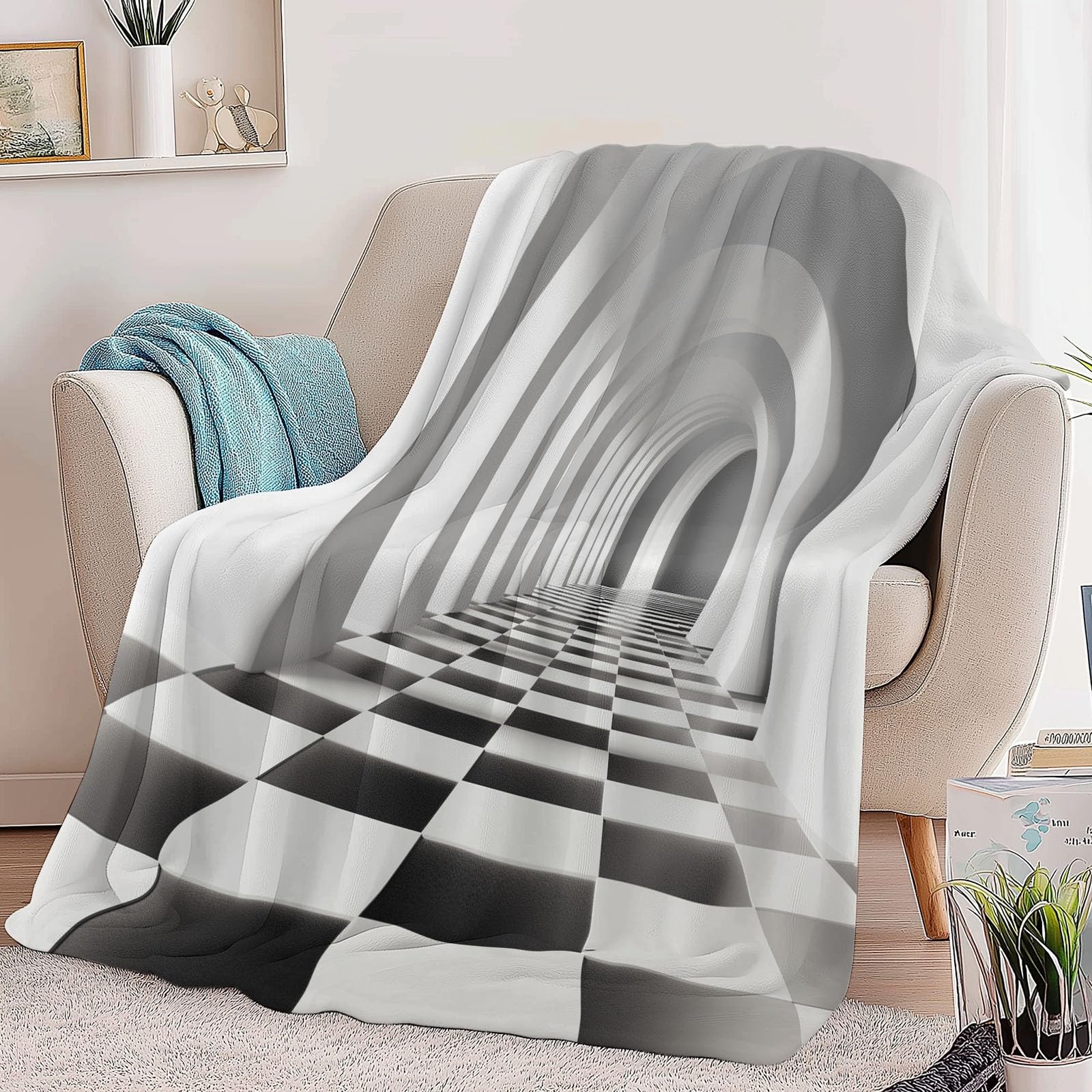 Griglia In Bianco E Nero Tunnel Spaziale Coperta Plaid Pile Flanella con Stampa, 220 x 240 cm Singolo Matrimoniale 3D Calda Coperta Fluffy Copridivano Morbida Invernale Coperte Trapunta Divano, Grigio