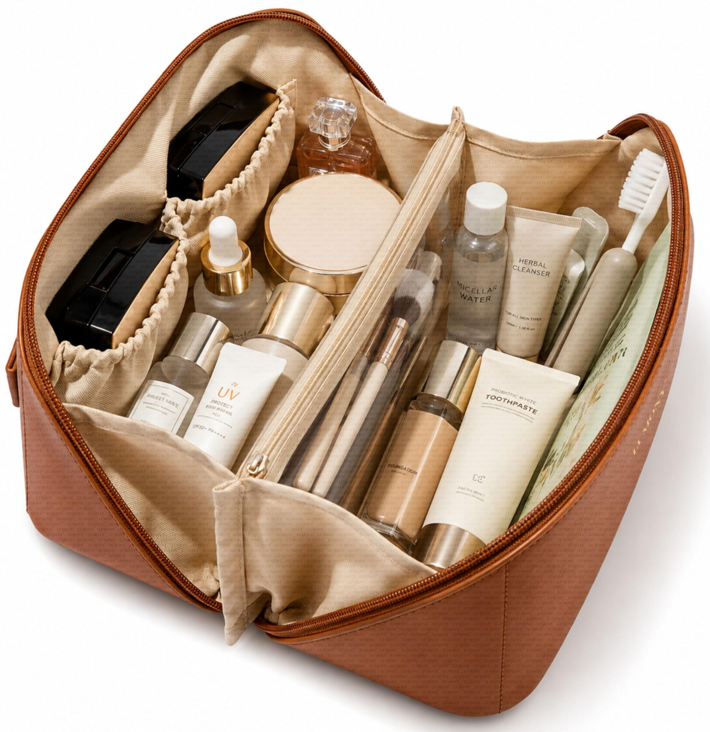 LUMONY® Makeup Pouch Bag Leather Large Capacity Travel Toiletries Organizer Cosmetic Bag with Handle and Divider Multifunctional Makeup Bag for Easy Access Waterproof (Brown)-picture-29