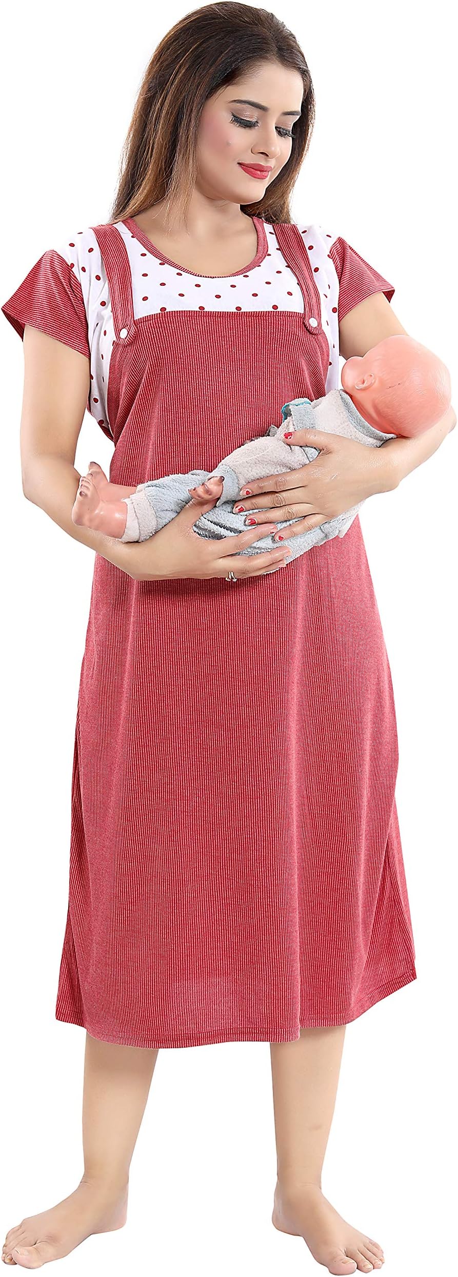 Fabme Women's Polyester Blend Dungaree Knee Length Nighty Pre and Post Pregnancy