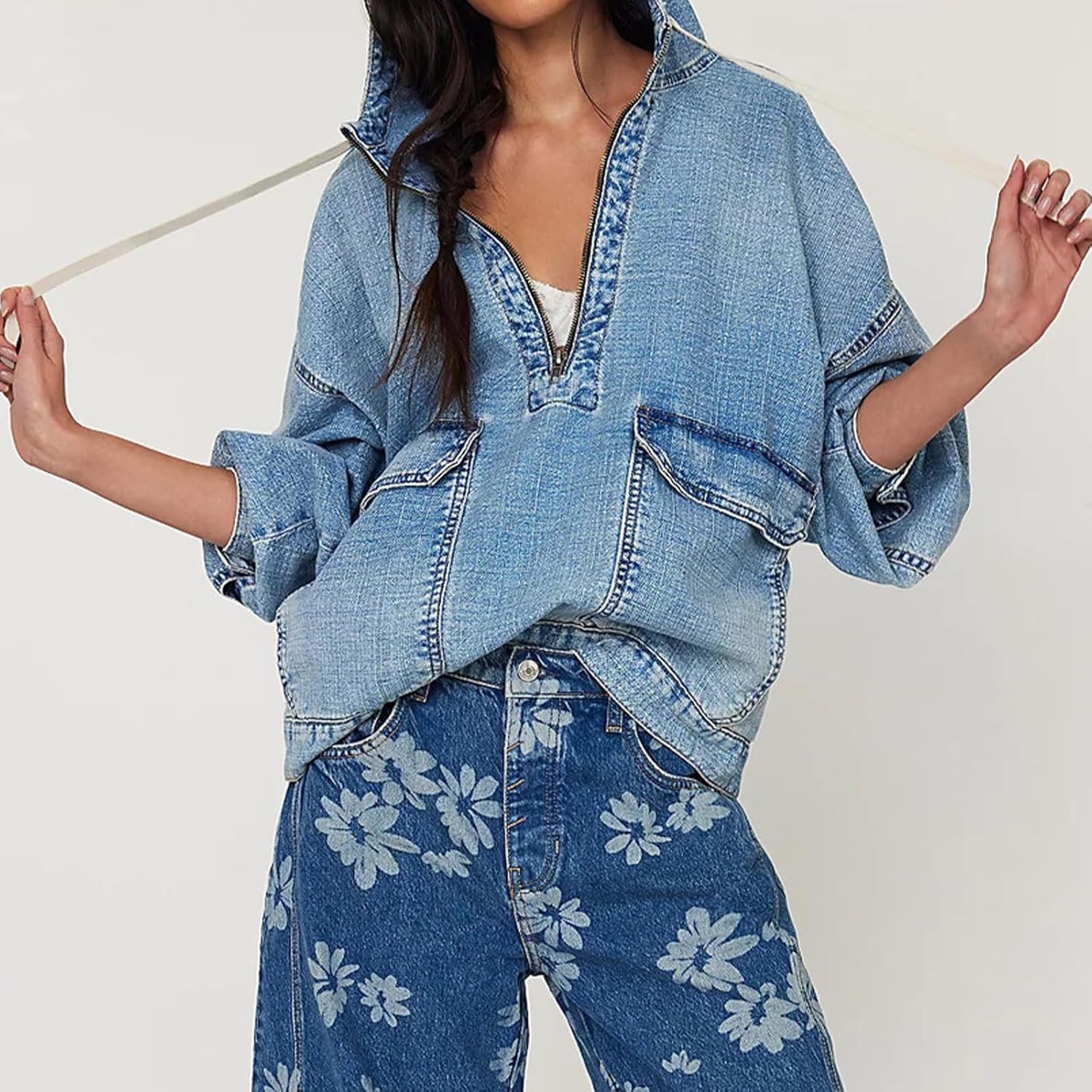 Women's Oversized Denim Hoodie Pullover Jackets Half Zip Long Sleeve Jean Hooded Sweatshirt Tops Fall Outfits - Image 2