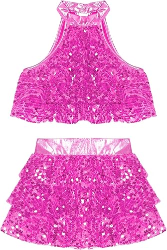 Miniatura 5 de YiZYiF Conjunto de 2 piezas de baile con lentejuelas para niñas y niñas, top corto metálico con falda, disfraz de baile latino de jazz