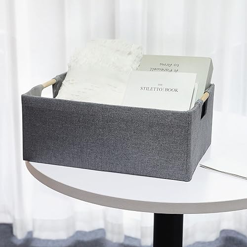 Miniatura 5 de Caja de almacenamiento de tela, cesta de almacenamiento plegable con asas de madera, cubo rectangular, decorativo para el hogar, cuarto del bebé,