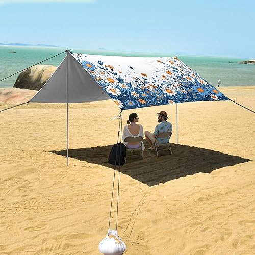 Miniatura 7 de Colorful Star Floral Designed UPF50+ Foldable Beach Canopy Waterproof Portable Sun Shelter with Sandbags and Shovel for Backyard and Camping carpas
