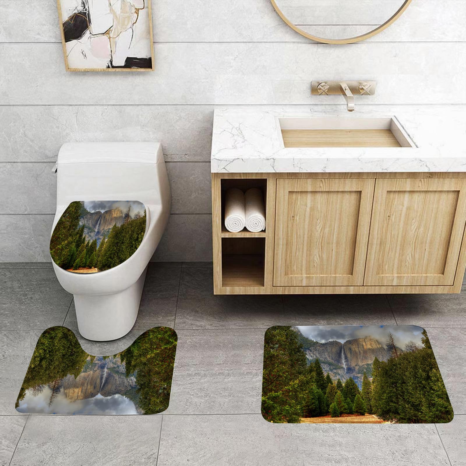 Set di 3 tappetini da Bagno, Lavabili in Lavatrice e Antiscivolo, in Morbida Fibra Superfine, con Motivi di Yosemite, cascate di Yosemite, Foresta sempreverde e Paesaggio Autunnale