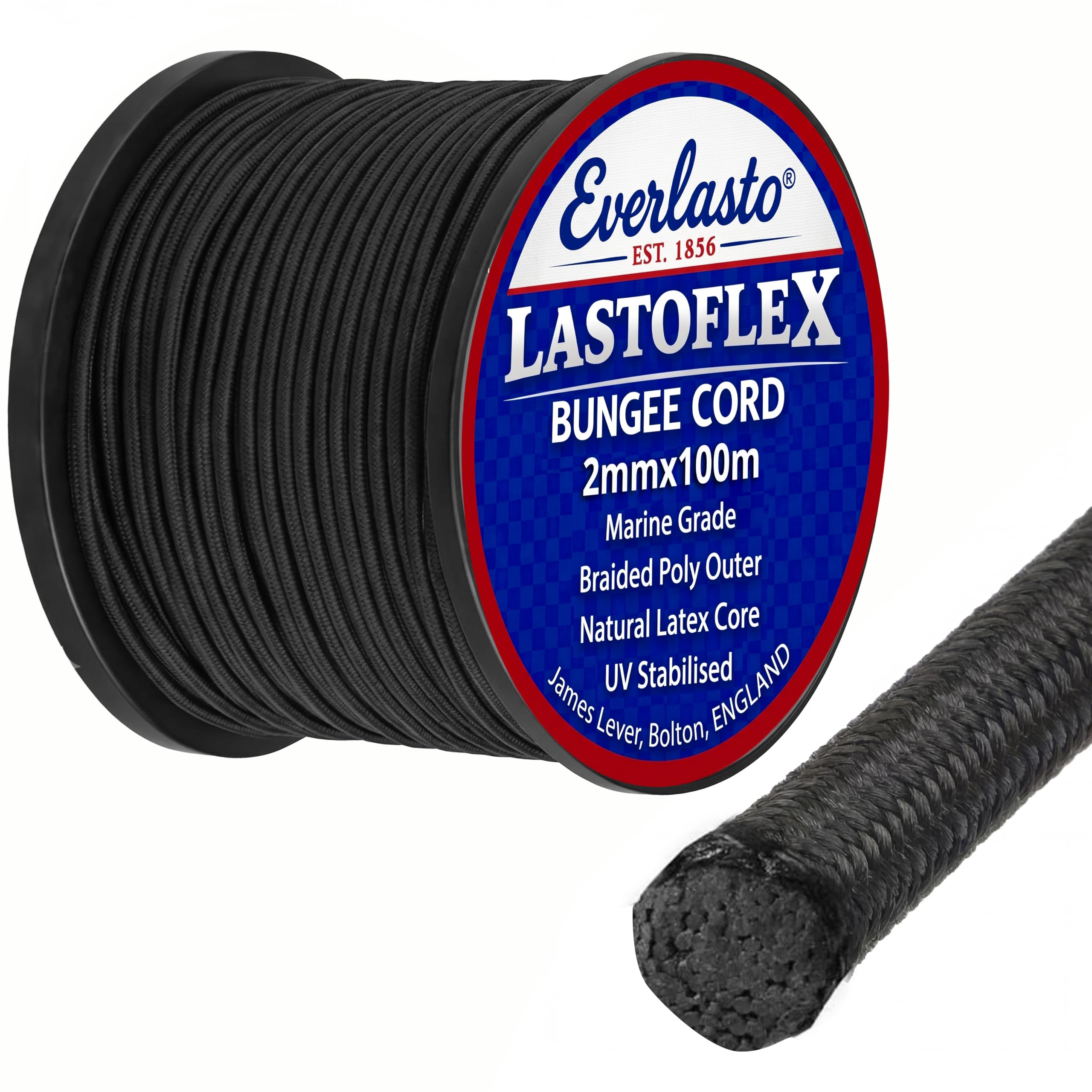 Everlasto 'Lastoflex' Bungee Cord Black 2mm x 100M Reel