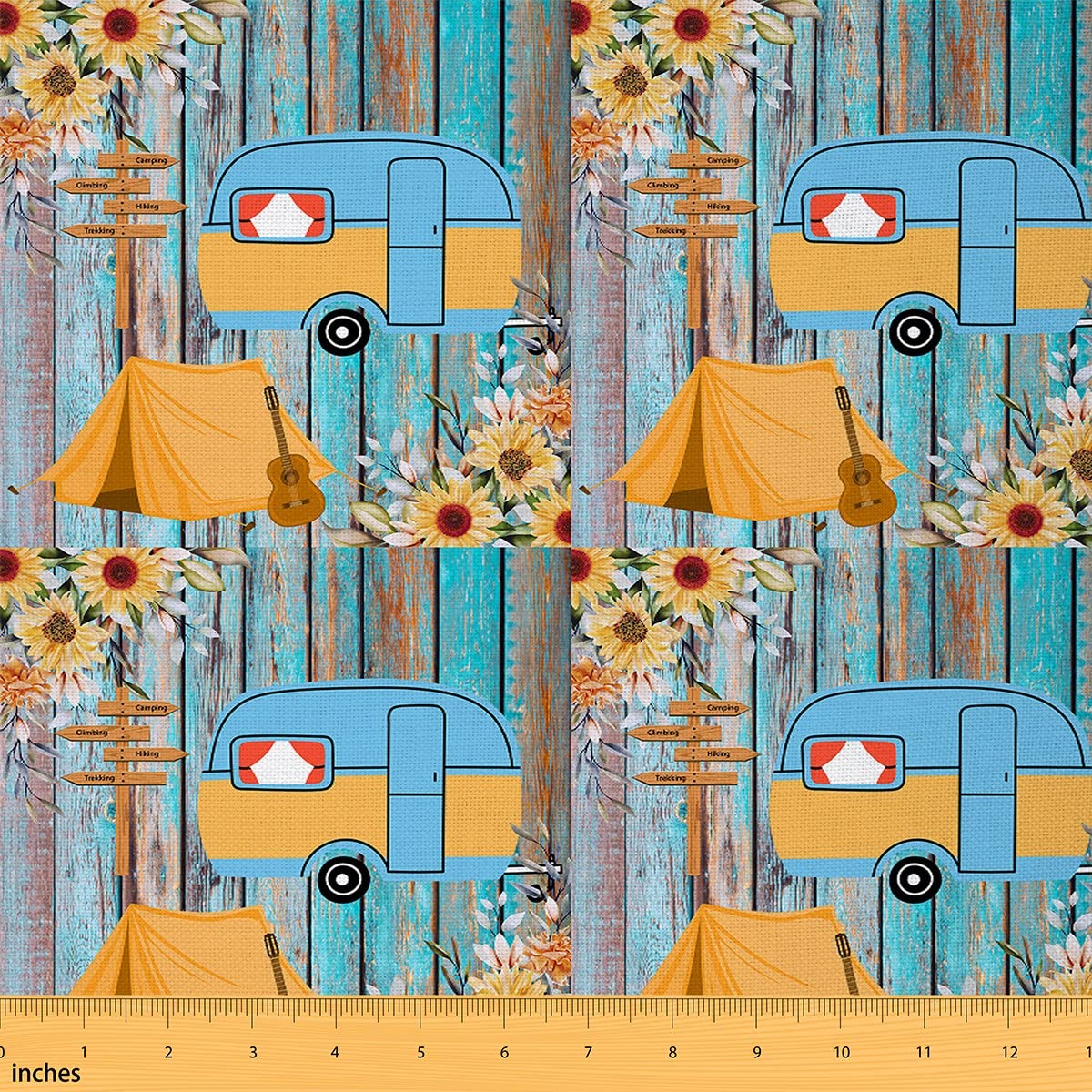 Camper Upholstery Fabric for Chairs Happy Camping Fabric by The Yard for Kids RV Camping Decor Waterproof Outdoor Fabric Farmhouse Trailers Camper Wood Grain Blue Outdoor Fabric 1 Yard (L92*W150cm)