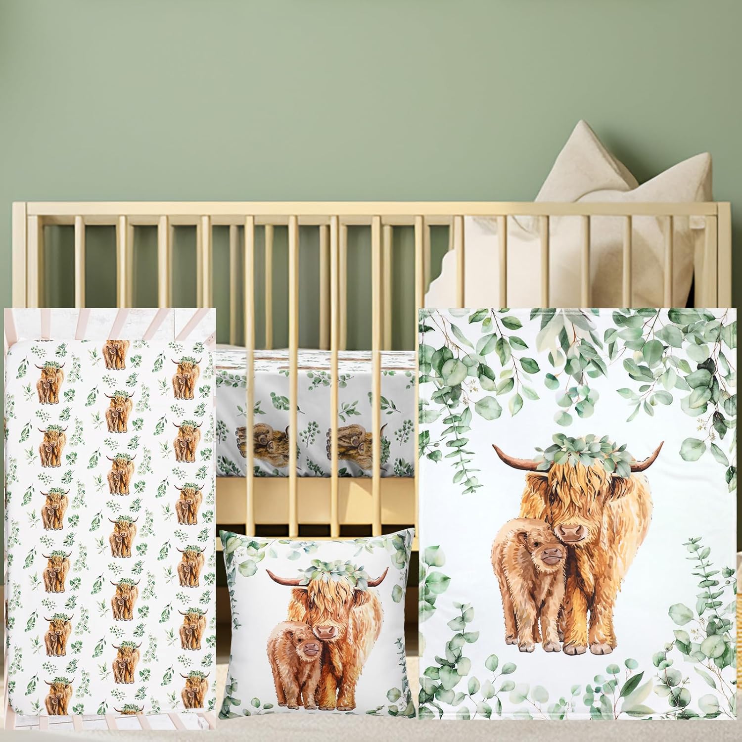 HunnmingRe Baby Highland Cow Crib Bedding Set 3 Pcs