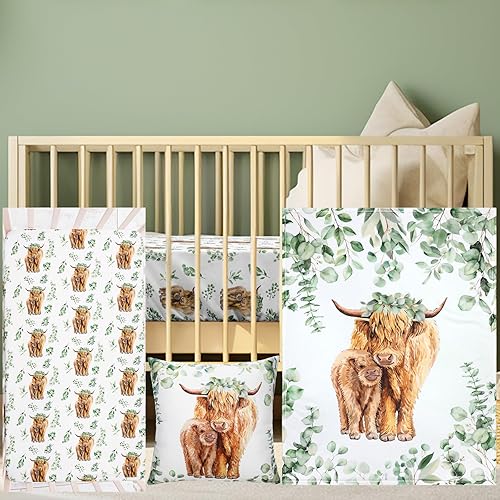 Baby Highland Cow Crib Bedding Set 3 Pcs Crib Set Baby Blanket, Fitted Sheet, Pillowcase Soft Flannel Nursery Bedding for Standard Infant Bed and Toddler Mattress Newborns Gifts