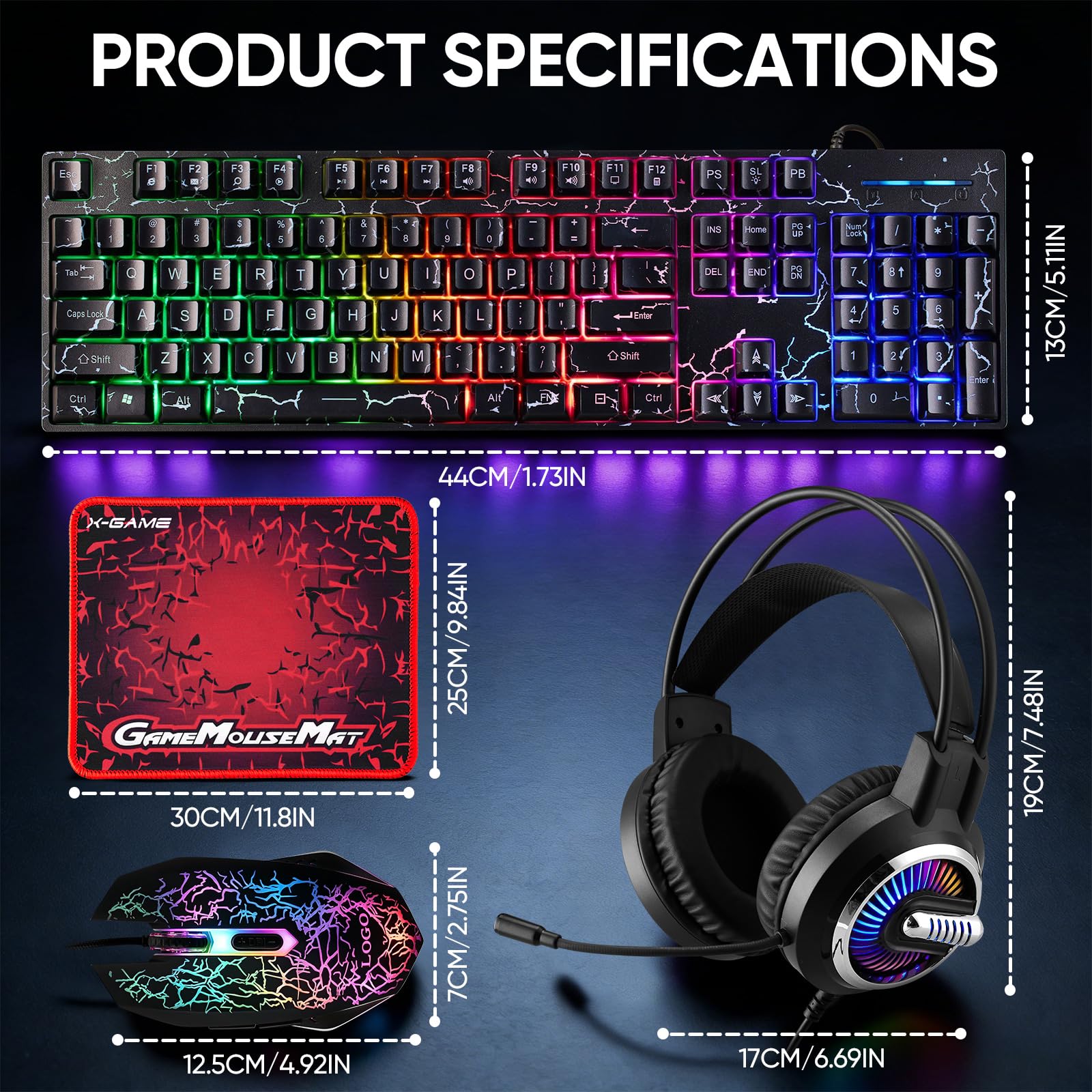 Guiheng Combo de teclado y mouse para juegos con cable, alfombrilla de mouse y auriculares para juegos, paquete de retroiluminación LED RGB con cable para jugadores de PC y usuarios de Xbox y PS4