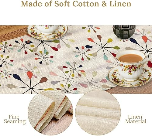 Miniatura 6 de Camino de mesa moderno de mediados de siglo, verde azulado y naranja, patrón abstracto atómico geométrico de los años 50 y 60, camino de mesa retro