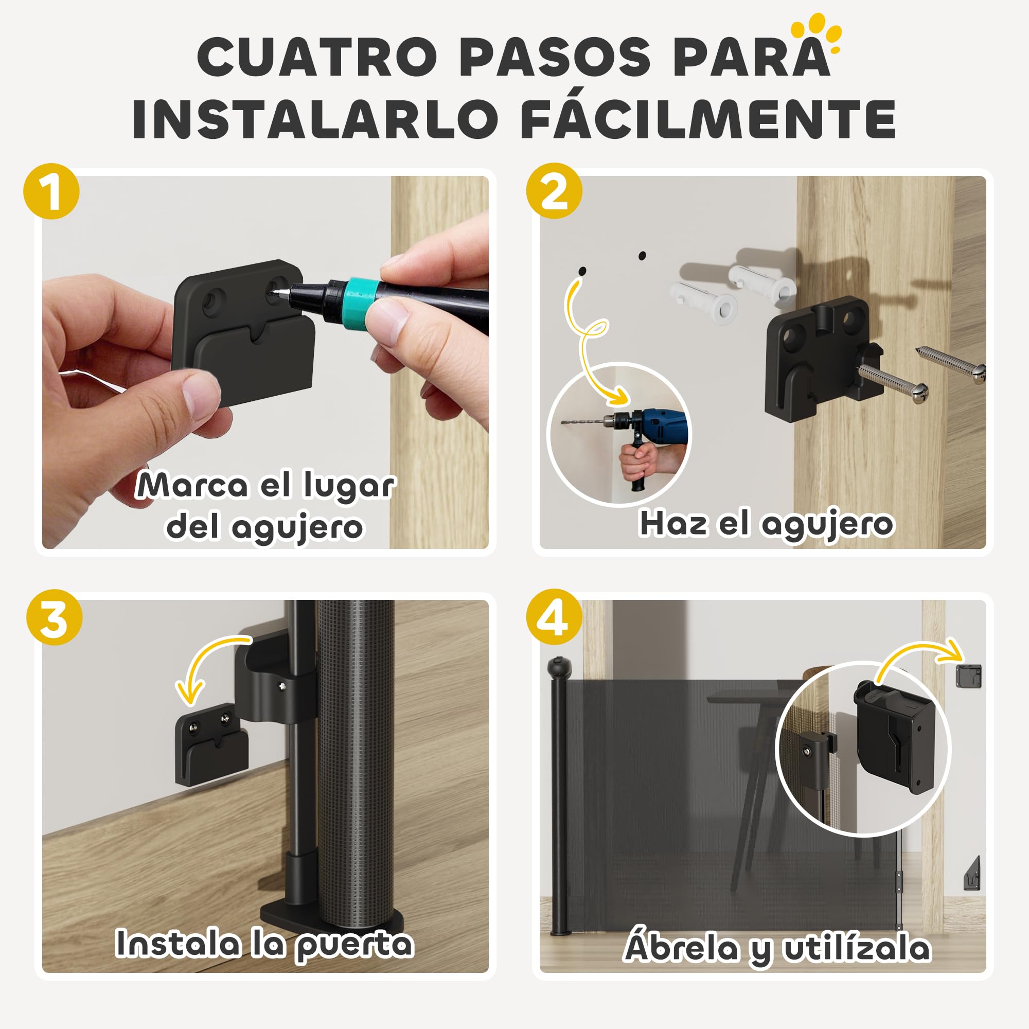 PawHut Barrera para Perros Retráctil 0-125 cm Puerta para Perros Pequeños Extensible Barrera de Seguridad para Mascotas con Interruptor de Cierre para Escaleras Puertas Pasillos Negro