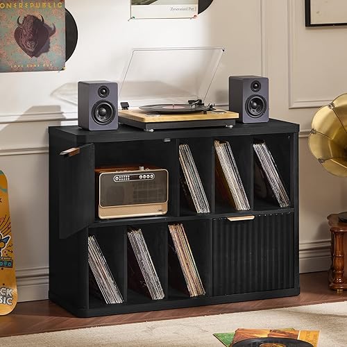 Miniatura 3 de LEYAOYAO Soporte grande para tocadiscos con almacenamiento de vinilo de hasta 450 álbumes, gabinete de almacenamiento de discos bohemio acanalado de