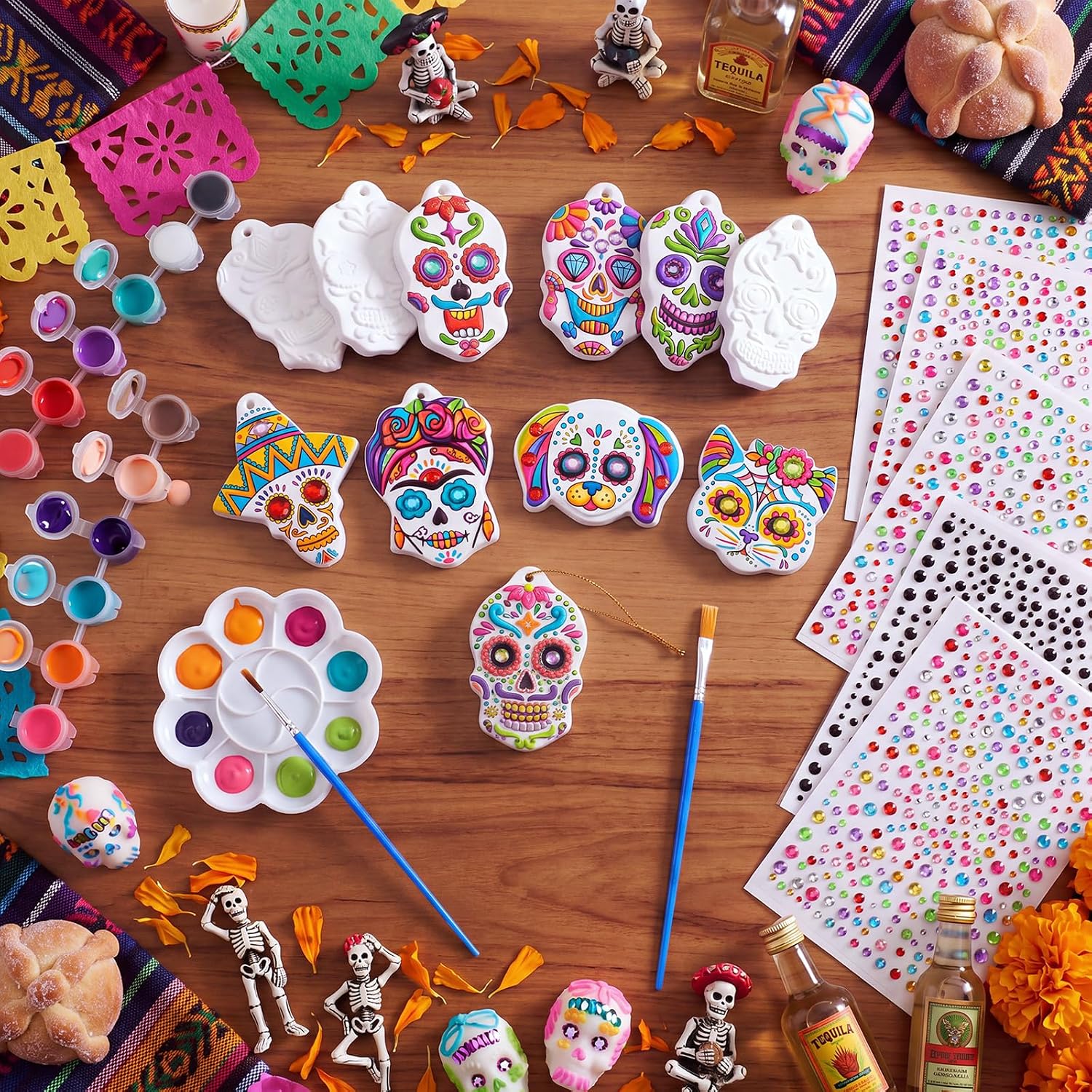 12 Set Day of The Dead Ceramics to Paint, DIY Sugar Skull Hanging Crafts