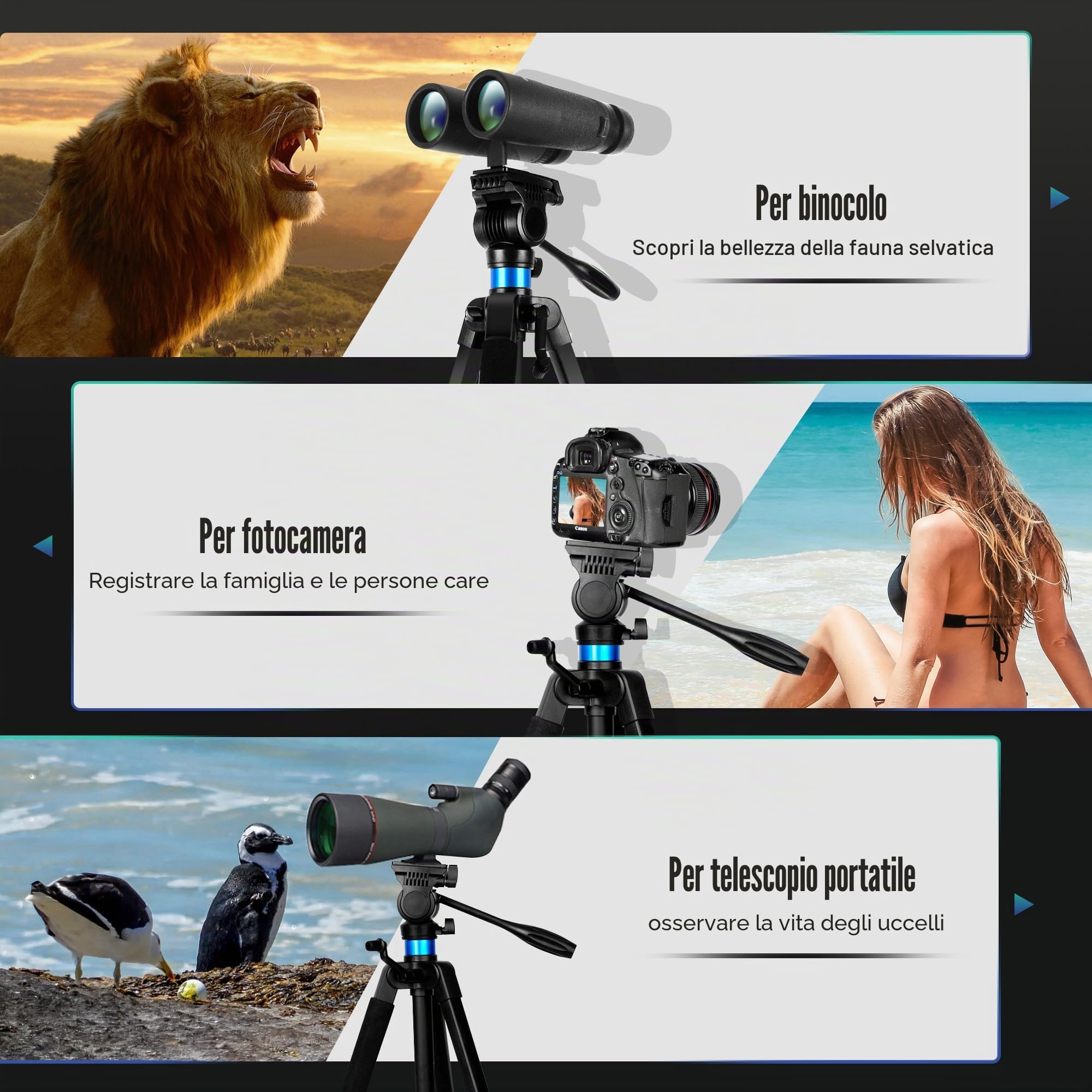 Treppiede per Binocolo, Alluminio [173 cm + 25 cm] Telescopio Treppiede, con Adattatore Binocolo, 2 Piastre Sgancio Rapido, Supporto per Smartphone/iPad