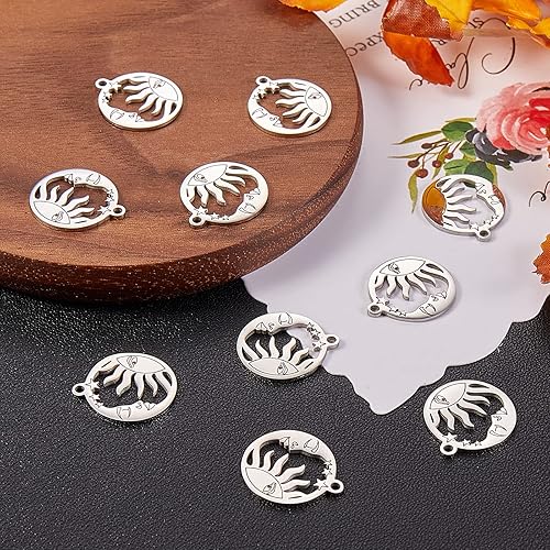Miniatura 4 de LiQunSweet 10 colgantes de acero inoxidable 304, huecos, planos, redondos, con estrella del sol, luna, para hacer joyas, manualidades