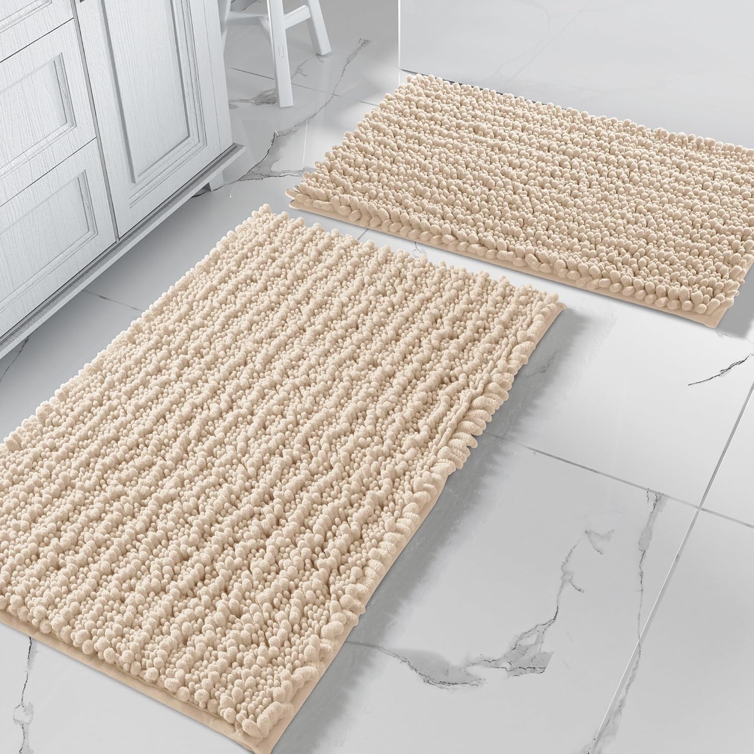 Yimobra Bathroom Rugs Sets 2 Piece - Quick Dry Extra Thick Luxury Chenille Bath Mat, Non Slip Super Absorbent for Tub Shower Sink, Machine Washable Shaggy Floor Mat, 32"x20"+24"x17" Inch, Light Brown