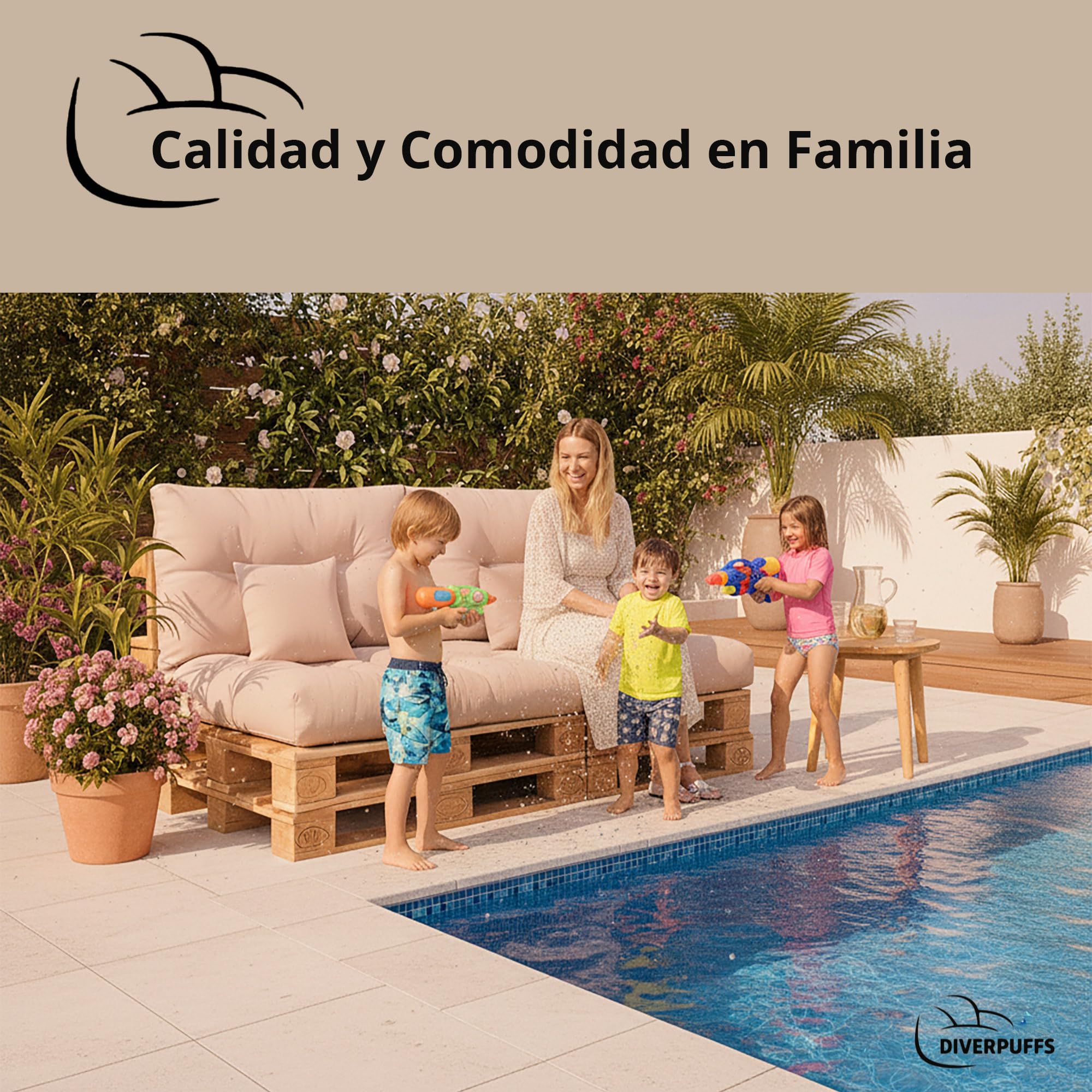 Set Cojines para Palets Impermeables Color Arena Asiento 120x80 Respaldo 120x60 y Cojines Decorativos 40x40 para Jardín Terraza Balcón Porche Exterior Waterproof Tratamiento UV