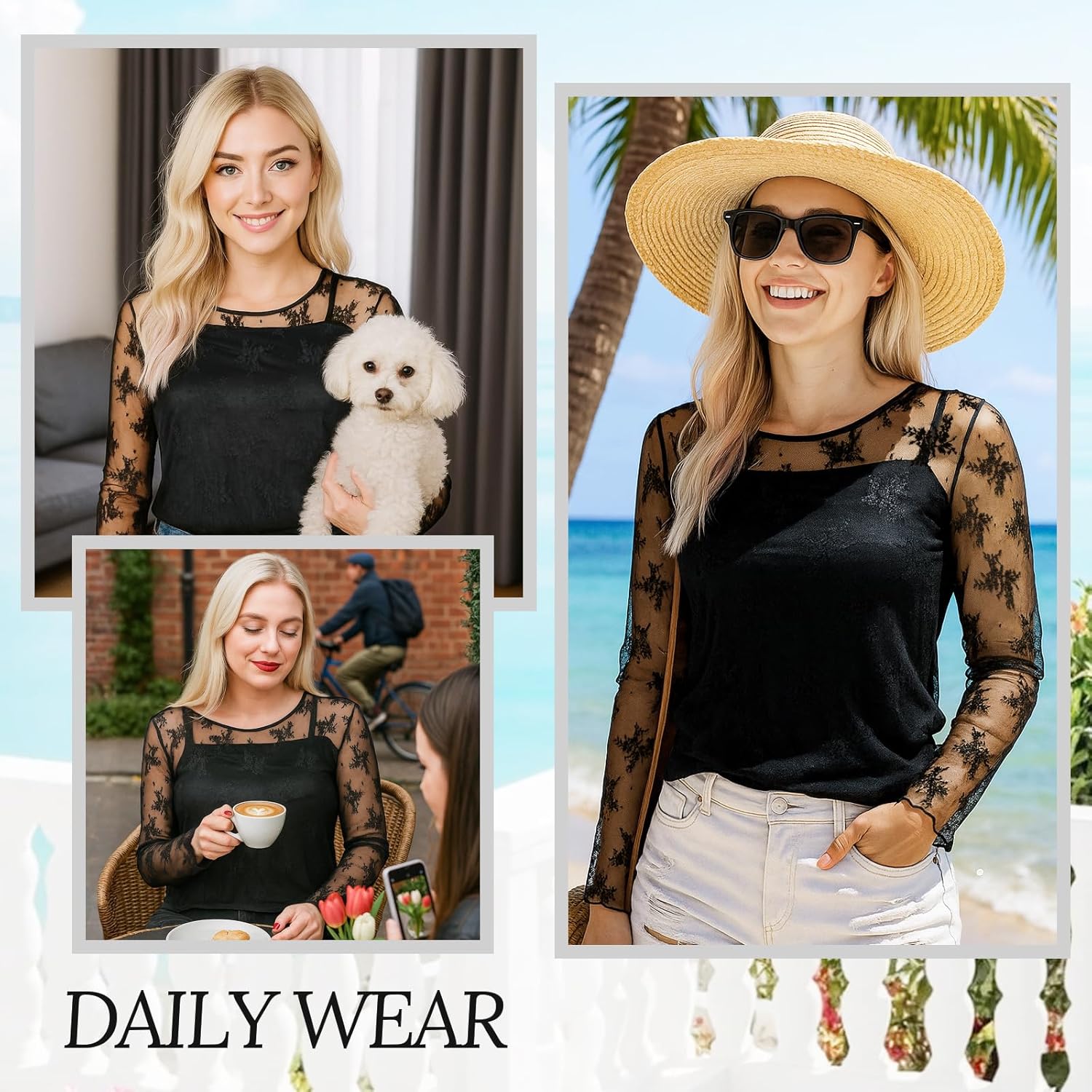 Women's Lace Long Sleeve Tops Sexy Mesh Sheer Crew Neck Shirts Double Layered Going Out Blouse for Club Date Night - Image 4