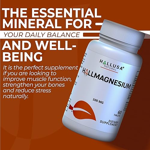 Miniatura 6 de Hallusa Natural Magnesio para calambres en las piernas, magnesio como óxido 500 mg, 60 cápsulas, suministro de 60 días, relajación muscular, alta