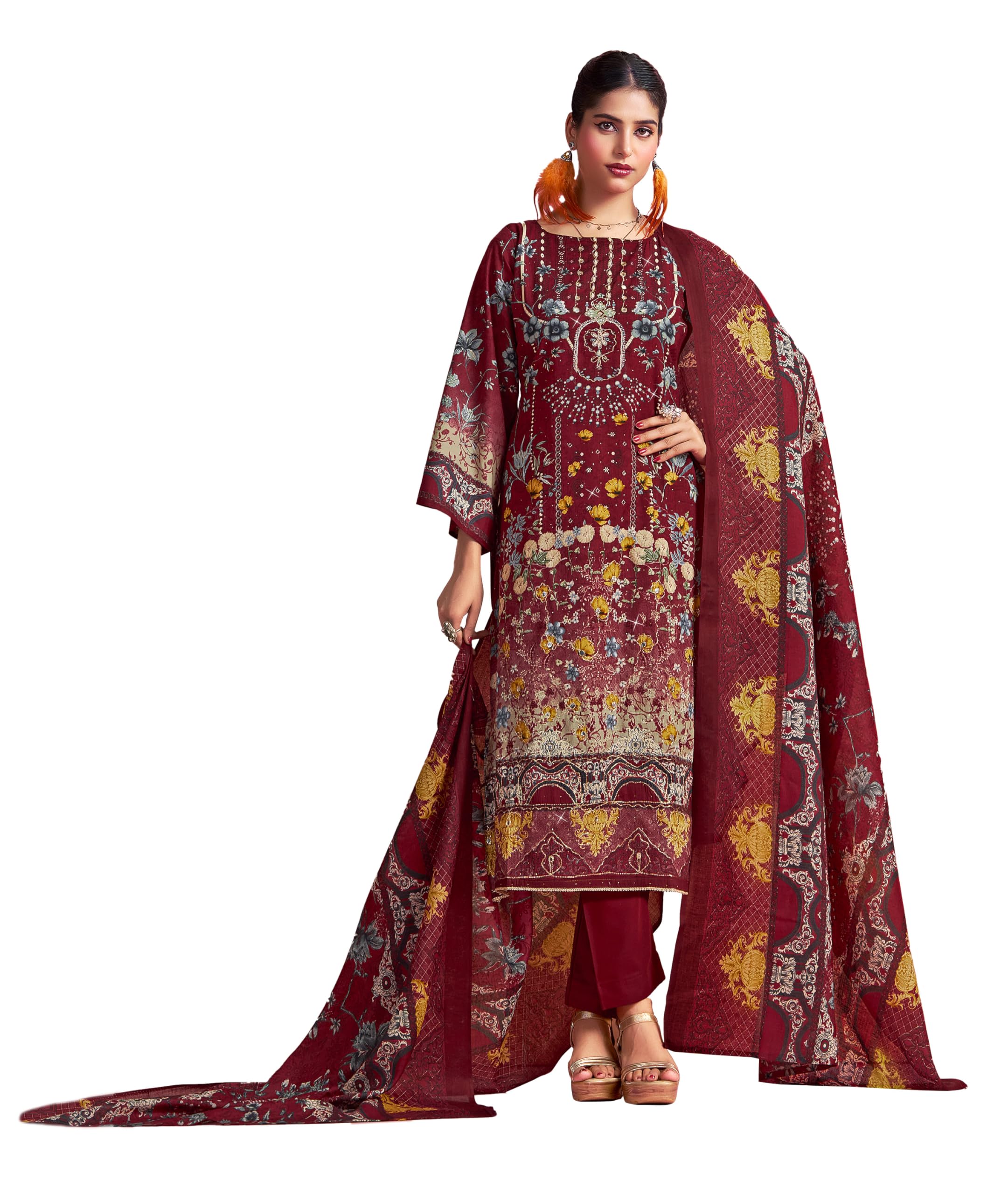 Women's Pure Cotton Pakistani Hand Embroidered Suit Dress Material with Unstitched Bottoms and Cotton Dupatta-image-17