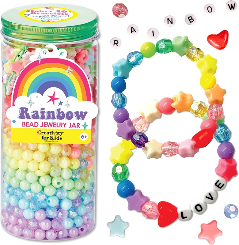 Kit para hacer joyas con tarro de cuentas de arcoíris: hace más de 40 pulseras de la amistad, manualidades para niñas, excelentes actividades de verano para niños (a partir de 6 años)