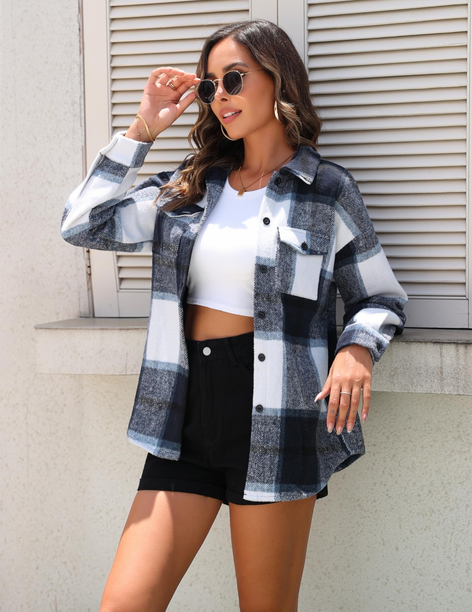 Zeagoo Chaqueta de camisa para mujer Chaqueta a cuadros de manga larga Shacket Abrigo de franela Camisa blusa con botones