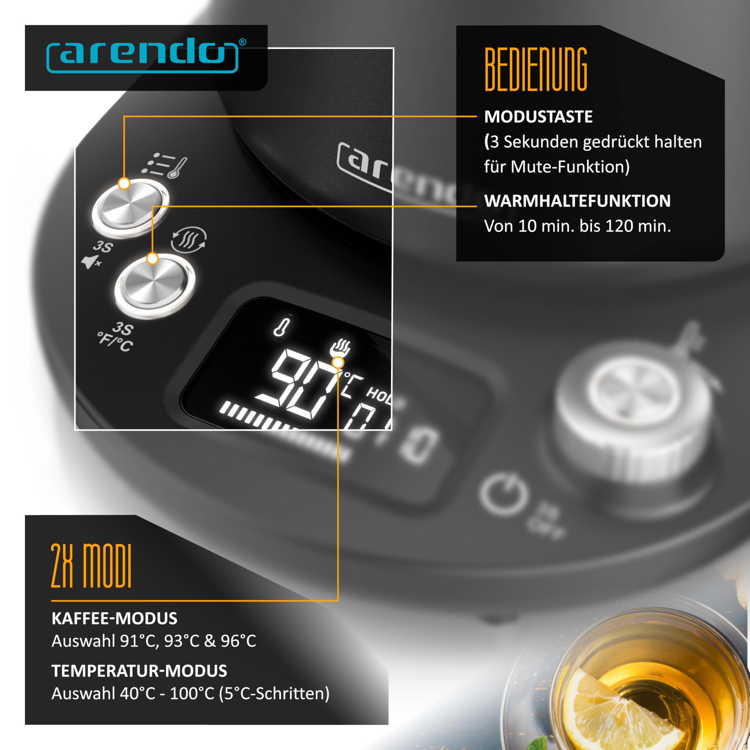 Arendo - Bollitore in acciaio inox con regolazione della temperatura - 1100 Watt - da 40° a 100° - Funzione di mantenimento in caldo 2 ore - 1 litro - Design bollitore - Indicatore di temperatura