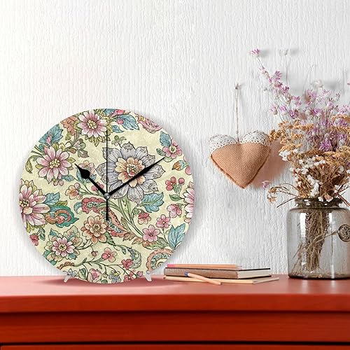 Miniatura 2 de Vintage Flower Print Beige 10 pulgadas ronda cocina relojes de pared sin tictac ruido único para oficina casa de campo dormitorio relojes de pared