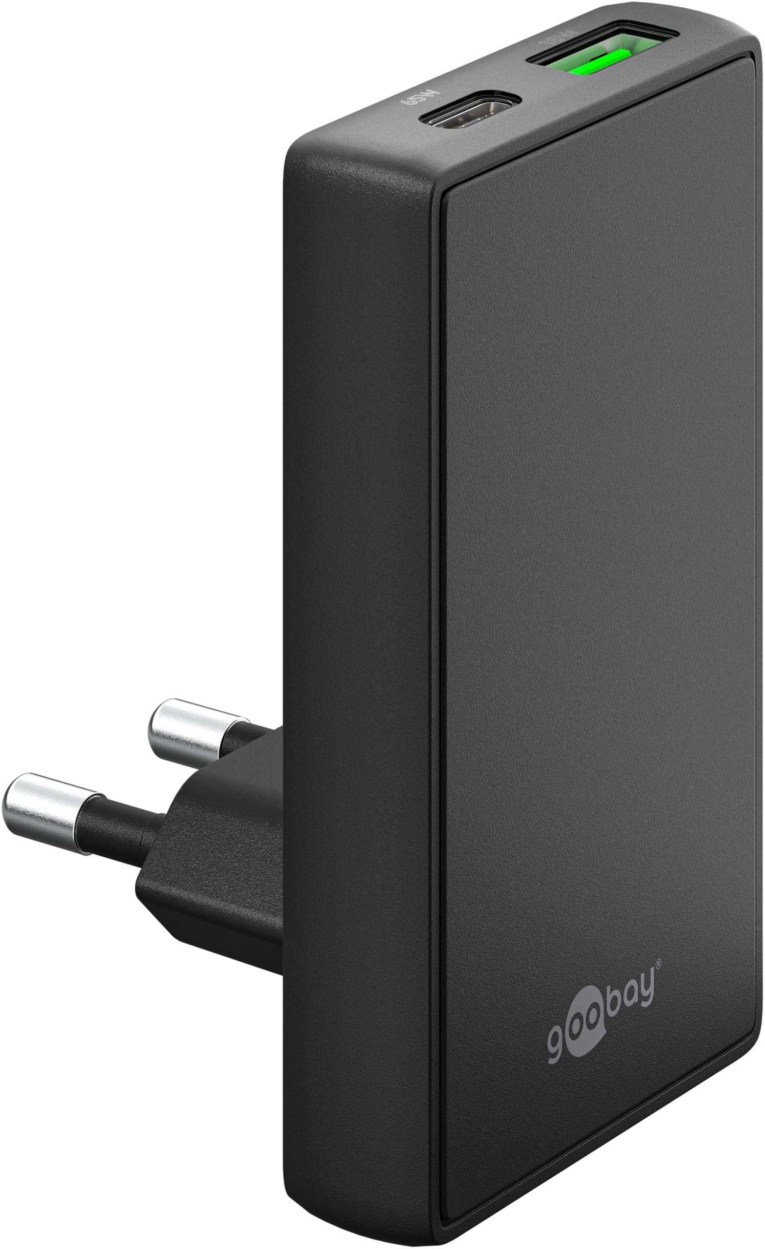 goobay GaN Caricabatteria da 65 W, con doppia porta (USB-C e USB-A), design piatto a 90°, ultra sottile e salvaspazio, per Apple, Samsung, Huawei, tablet ecc., nero,75723