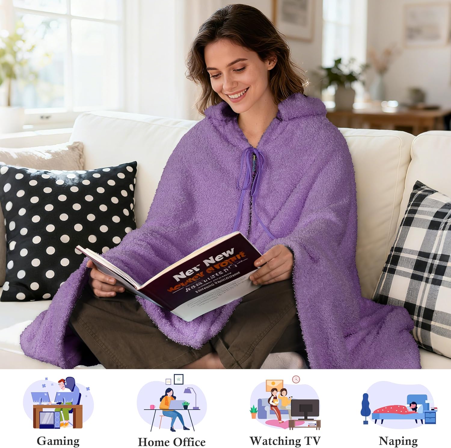 Catalonia Hooded Wearable Blanket Poncho for Adults, Lightweight Fleece Cape with Hand Pockets, Cozy Plush Wrap, Gifts Ideas - Image 2