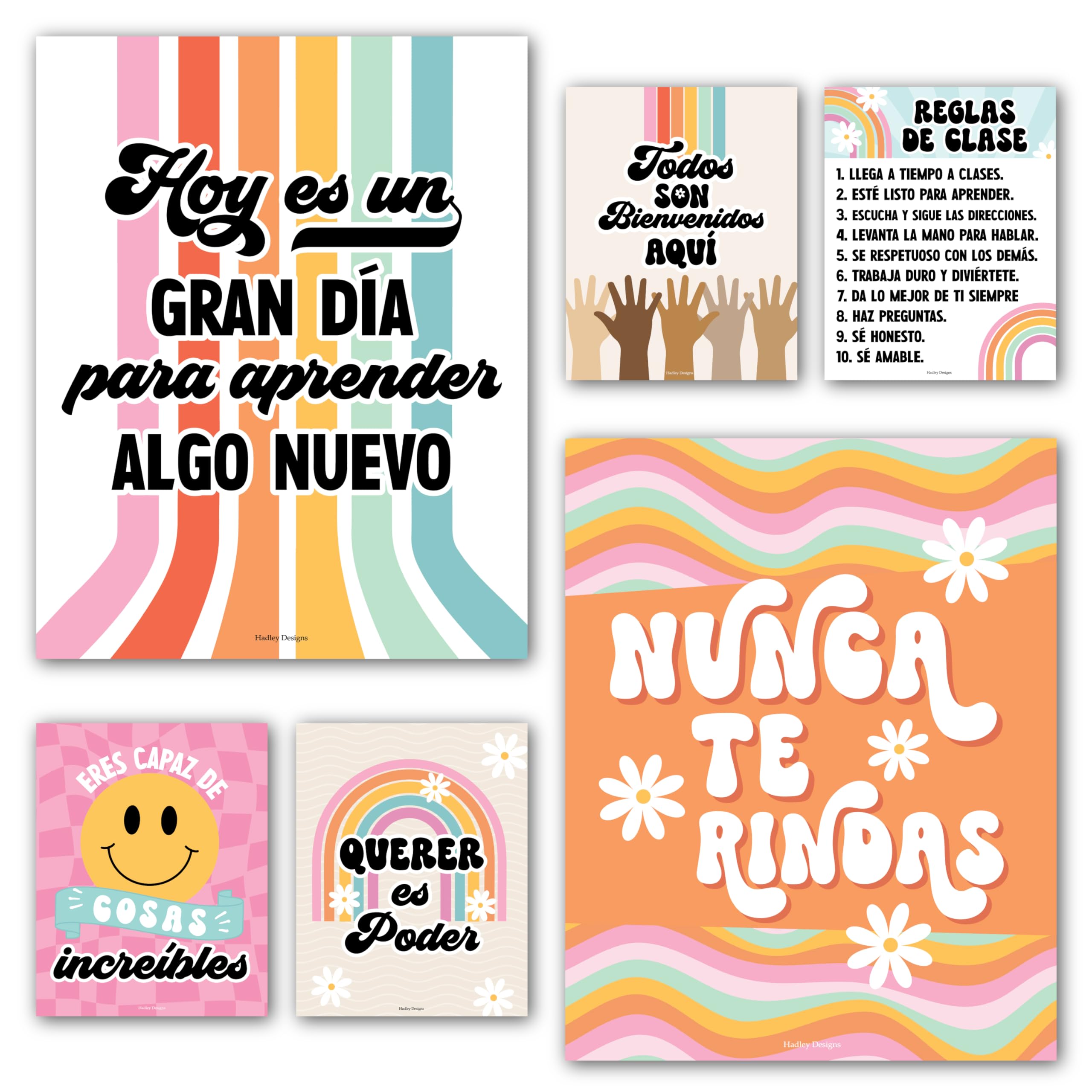 Hadley Designs 6 Spanish Classroom Decor - Spanish Posters for Classroom, High School Decorations, Motivational Wall Art for Teachers and Students - Retro Motivational Decor