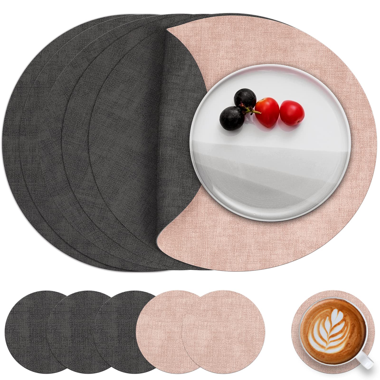 Myir JUN Tischsets Abwaschbar Leder und Untersetzer, Doppelseitigen Platzset Rund Ø 36cm 4er Set rutschfest Glasuntersetzer Platzdeckchen Leder Kunstleder Tischset