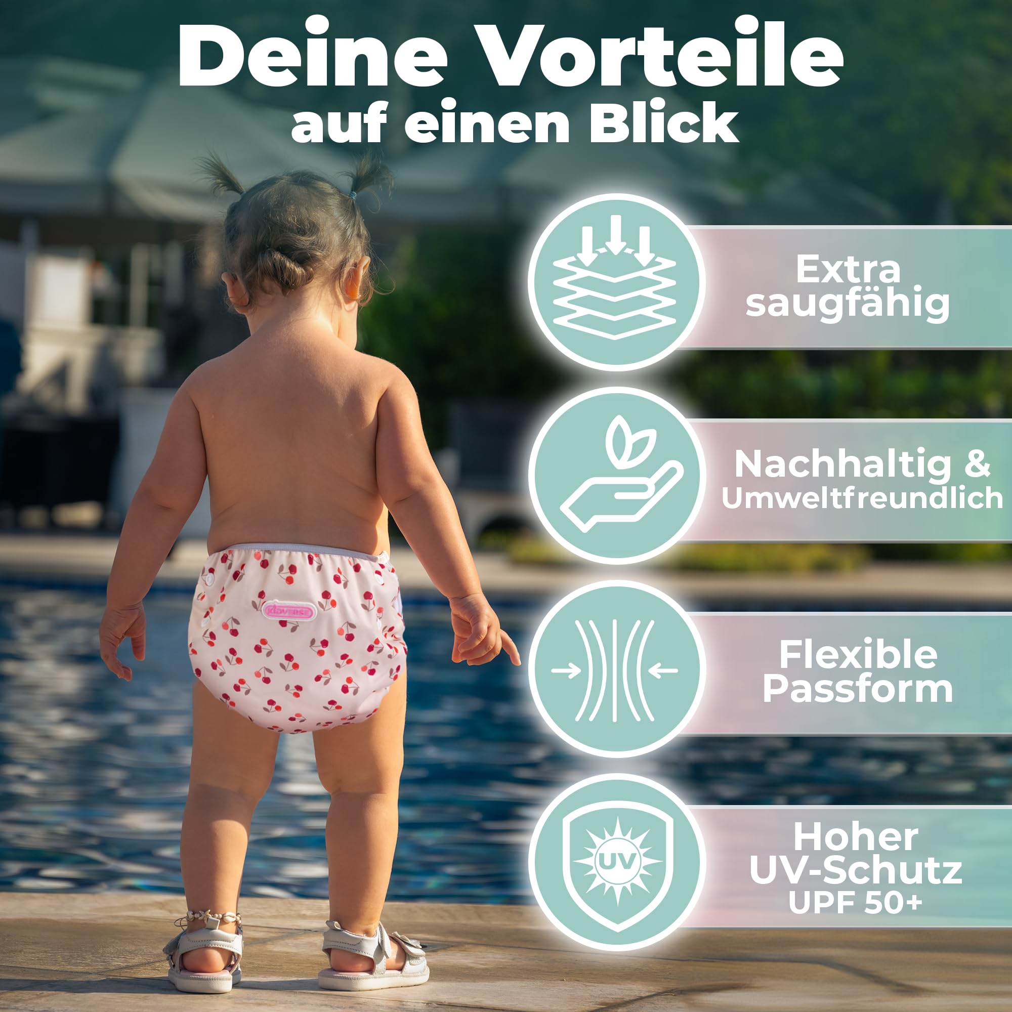 KIDVERSE 2er Set Schwimmwindel Baby 0-3 Jahre - Hautfreundliche Schwimmwindeln wiederverwendbar & saugstark - Baby Schwimmwindel mit Tasche & Wäschenetz (Kirschen & Raosa Blumen 2er)
