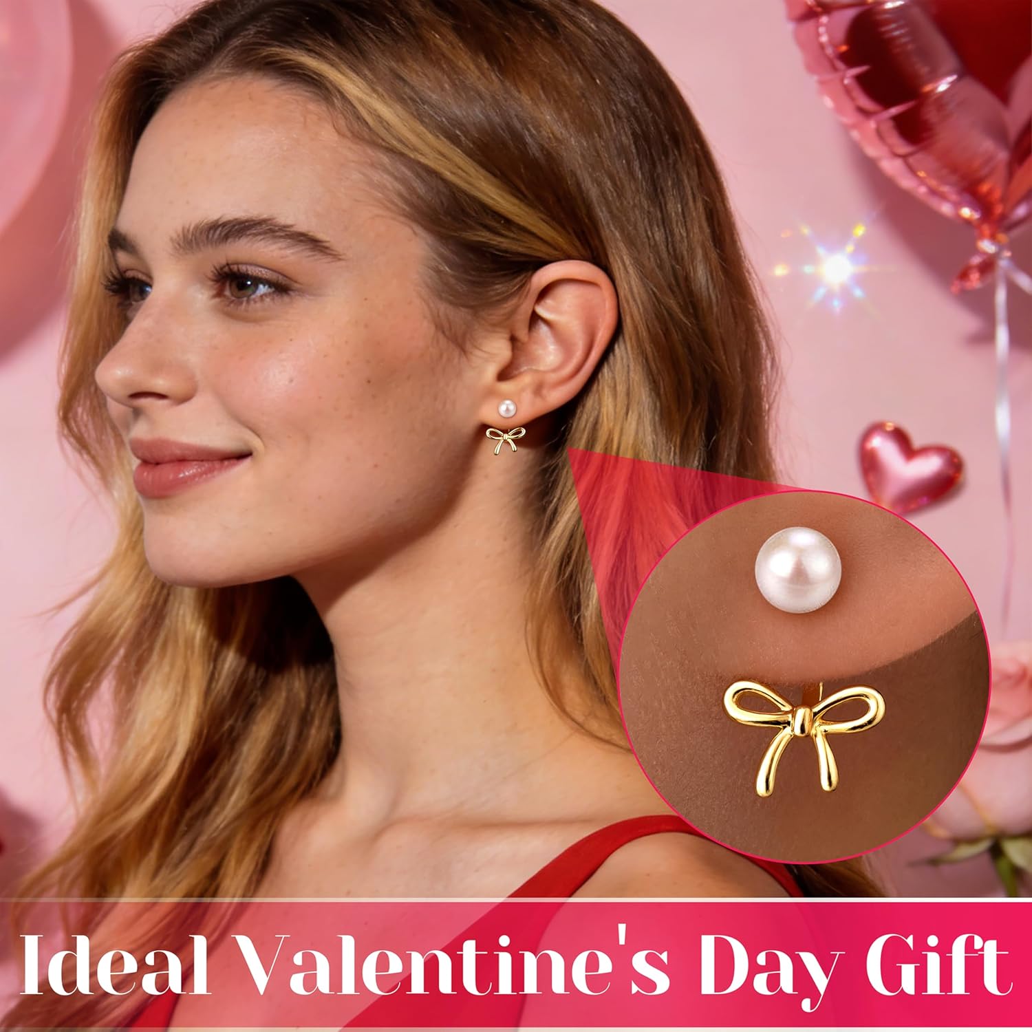 14K Gold Plated Valentines Day Pearl Bow Gold Earrings for Women Trendy, Cute Small Pearl Bowknot Jacket Stud Earrings, Hypoallergenic Cartilage Jewelry for Sensitive Ear, Valentines Day Jewelry Accessory Gifts for Prom Party - Image 2