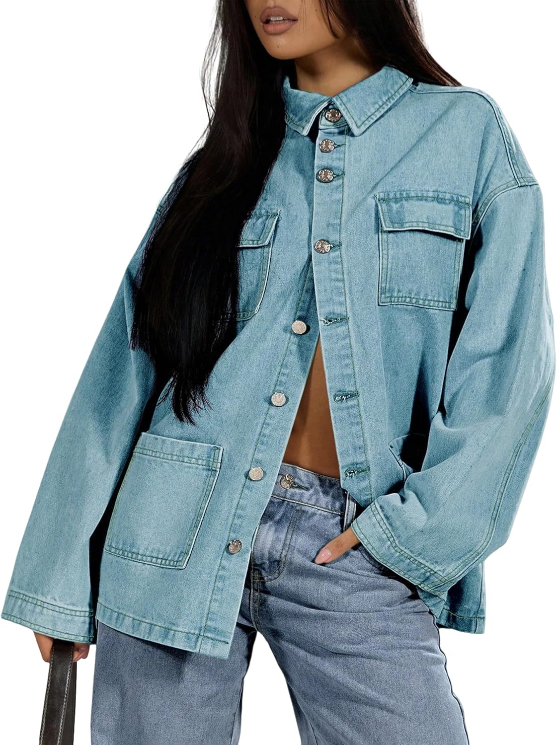 KWSTAIN Jean Jacket Women 2025 Trendy Oversized Cargo Button Down Long Sleeve Casual Thick Denim Shacket Coat with Pockets