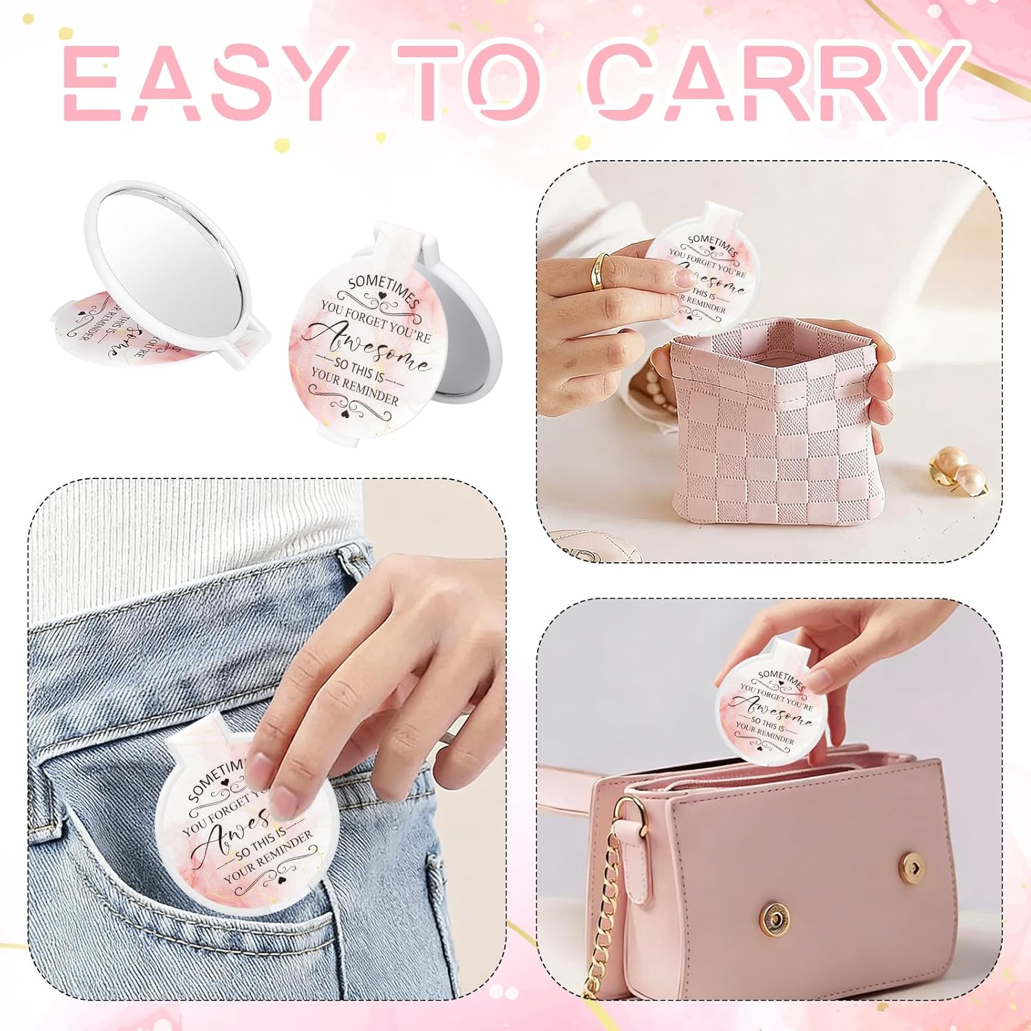 100 Pcs Inspirational Compact Mirror Bulk, Pink Marble Small Pocket Mirror Purse, Round Makeup Folding Hand Mirrors, Graduation Party Favors for Women, Coworker, Employee, Teacher and Bridal Wedding