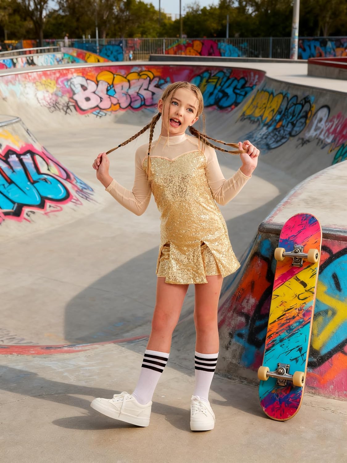 Girls Sequins Dance Costume Mesh Hip Hop Jazz Dance Outfit Sparkle Suit Sleeveless Top and Shorts