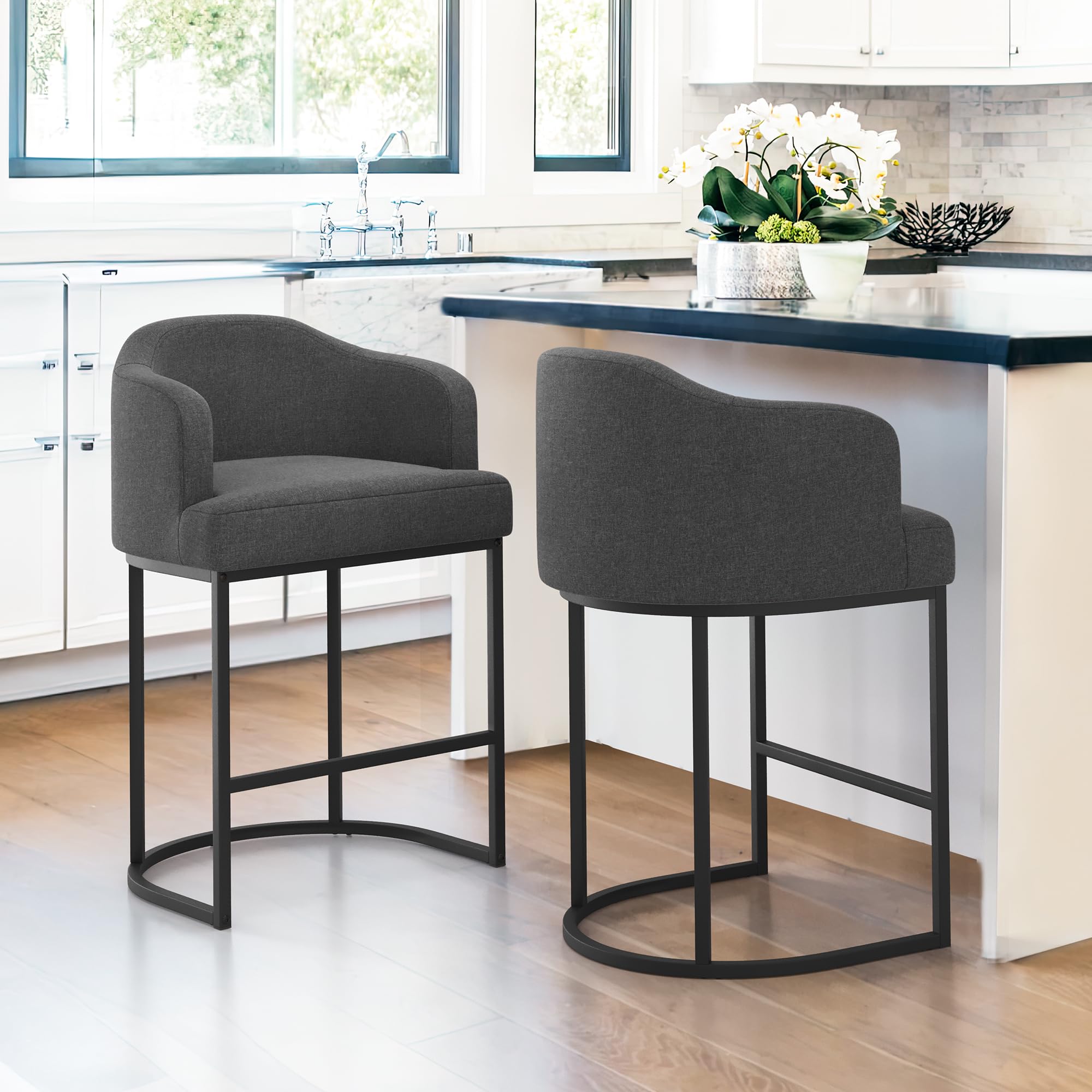 lue bona 27" h counter height bar stools set of 2, modern counter stools with curved backrest and arms, black metal frames, linen fabric upholstered barstools for kitchen island, home bar, carbon gray