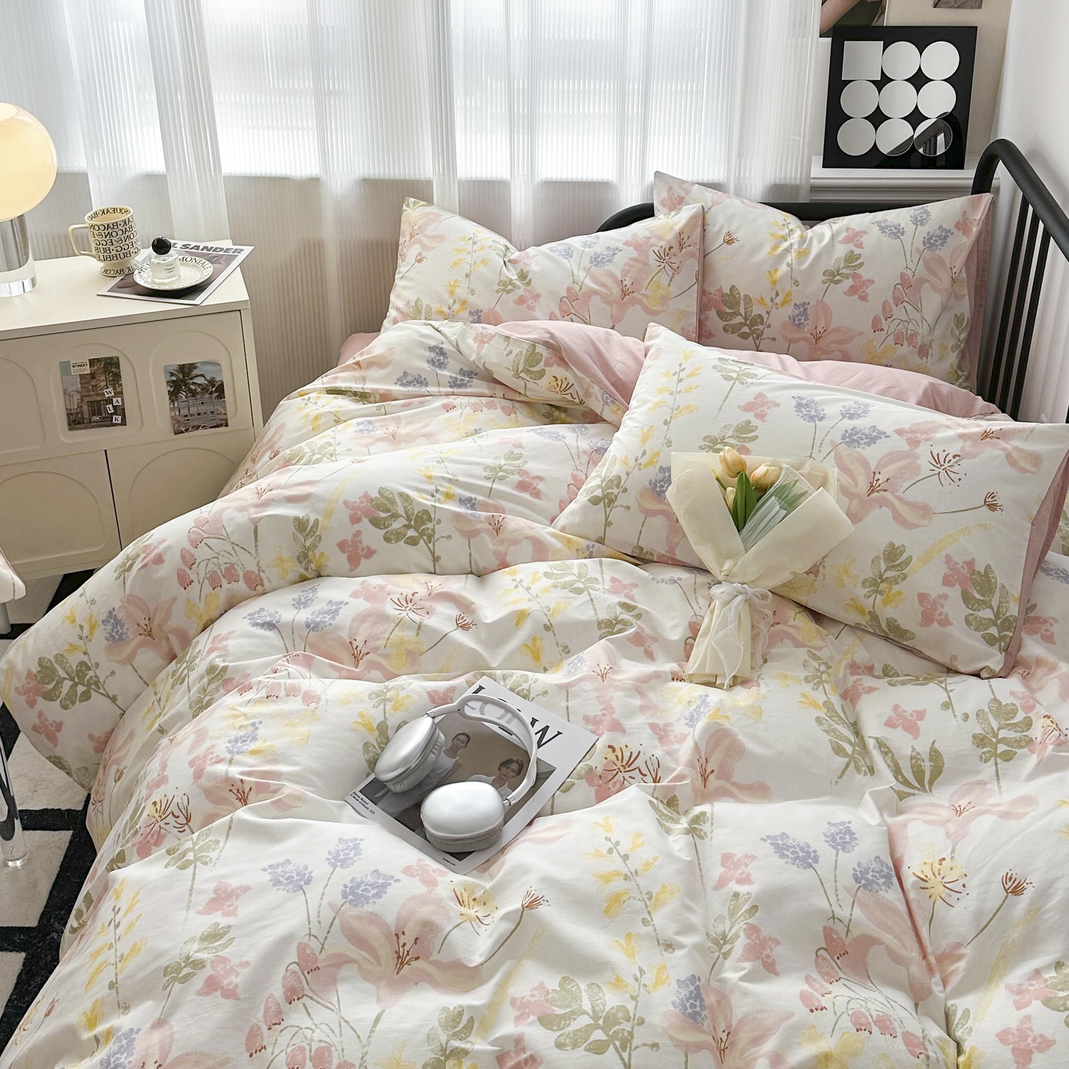 GETIYA Romantisch Blumen Bettwäsche 200x200 Baumwolle Bettwäsche Damen Mädchen Bunt Blumen Muster Bettbezug Doppelbett Blümchen Floral Muster Bettwäsche mit 2 Kissenbezug 80x80