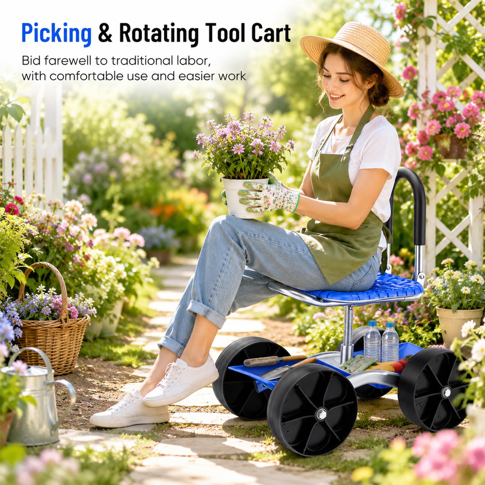 Sgabello Giardino, Carrello Giardino con Ruote Sedile Mobile Panca Lavori in Ginocchio Carrello Girevole a 360° Altezza Regolabile Sgabello Mobile con Maniglia e Vano Portaoggetti Portata fino a 150kg
